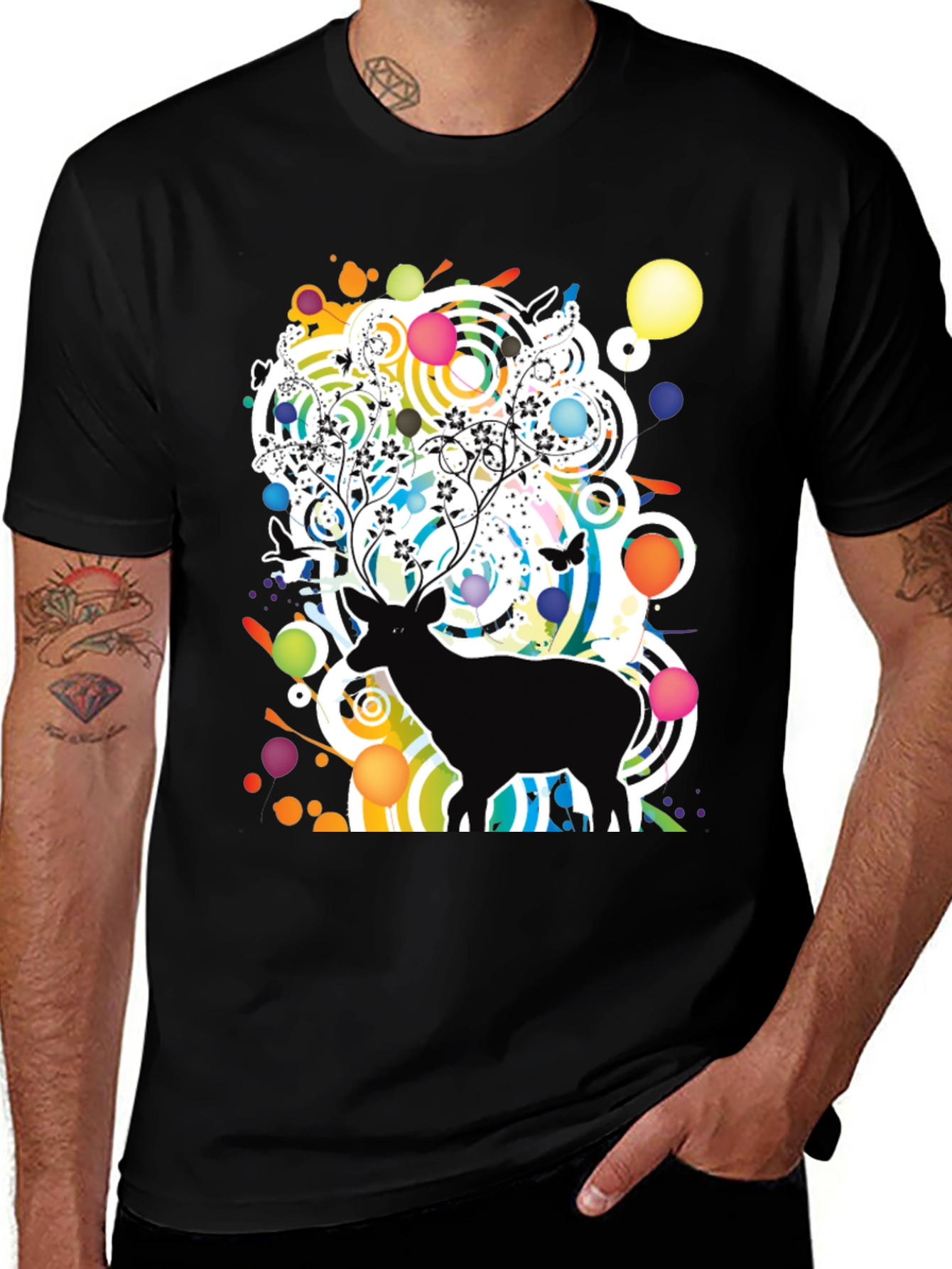Artistic Deer Graphic Tee - Modern Black T-Shirt