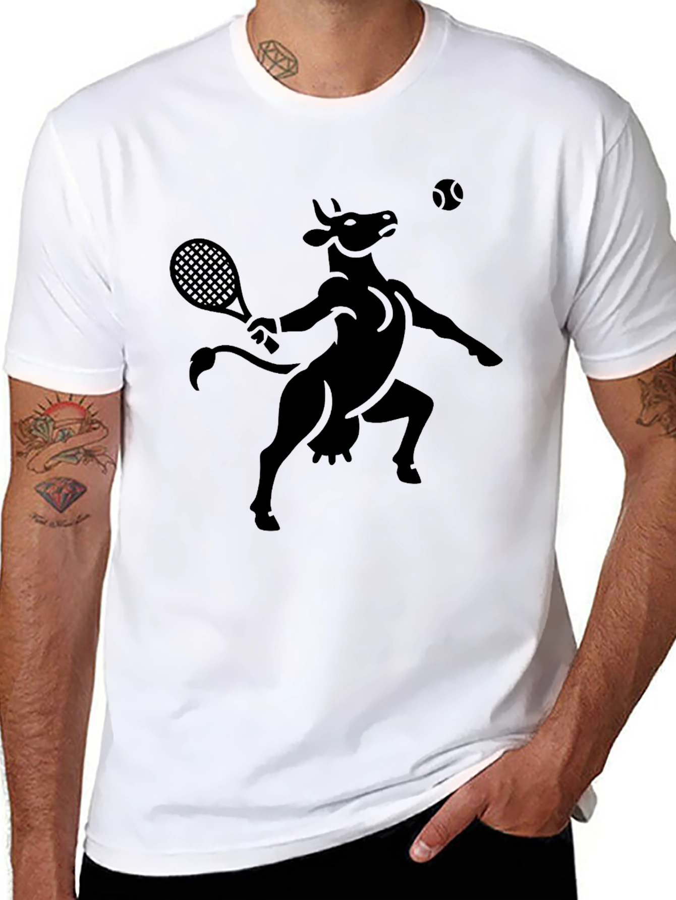 Funny Cow Tennis Player Black T-Shirt