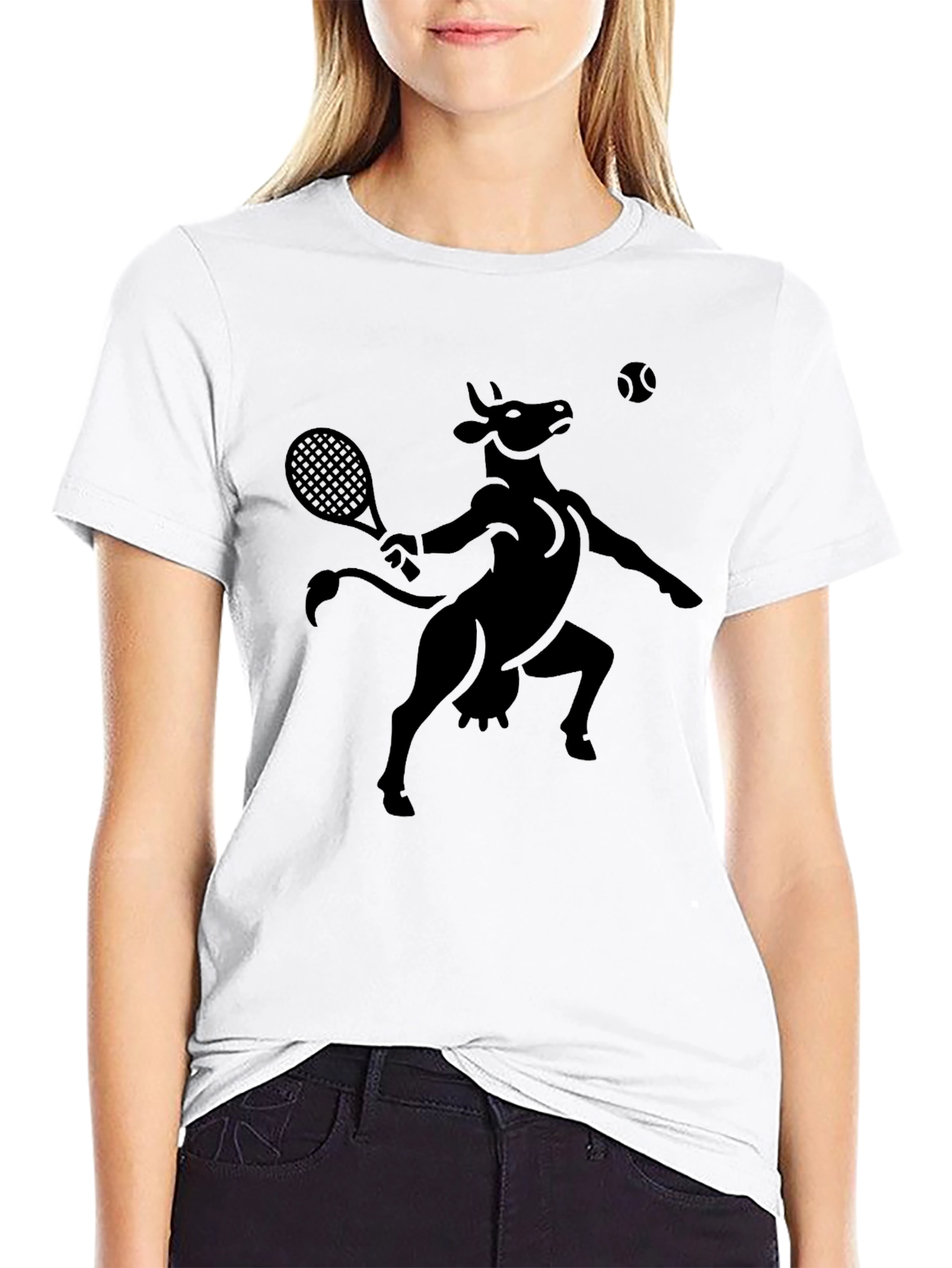 Funny Cow Tennis Player Black T-Shirt