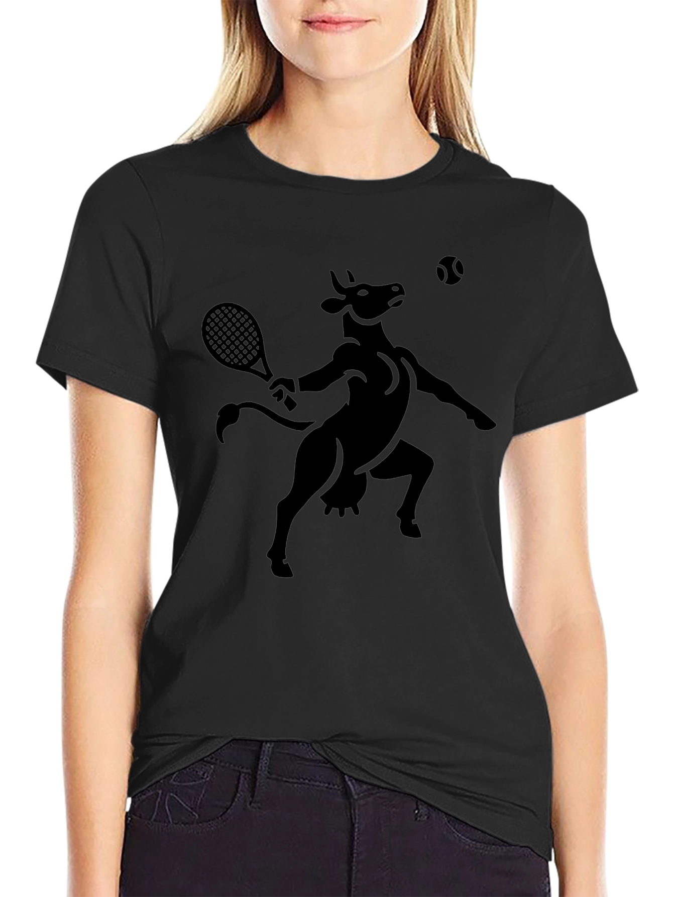 Funny Cow Tennis Player Black T-Shirt