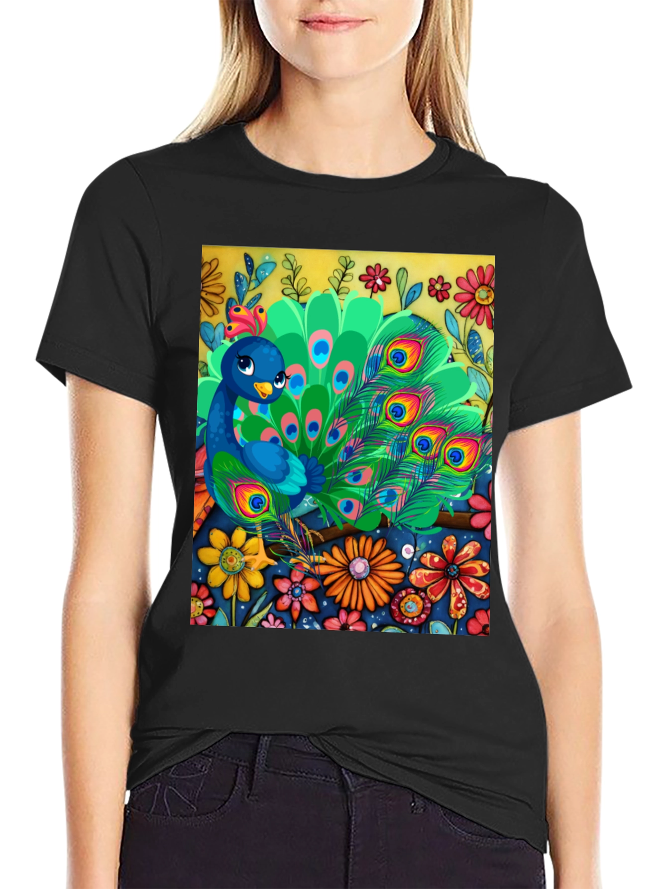 Peacock Floral Graphic Tee - Unique Art Design