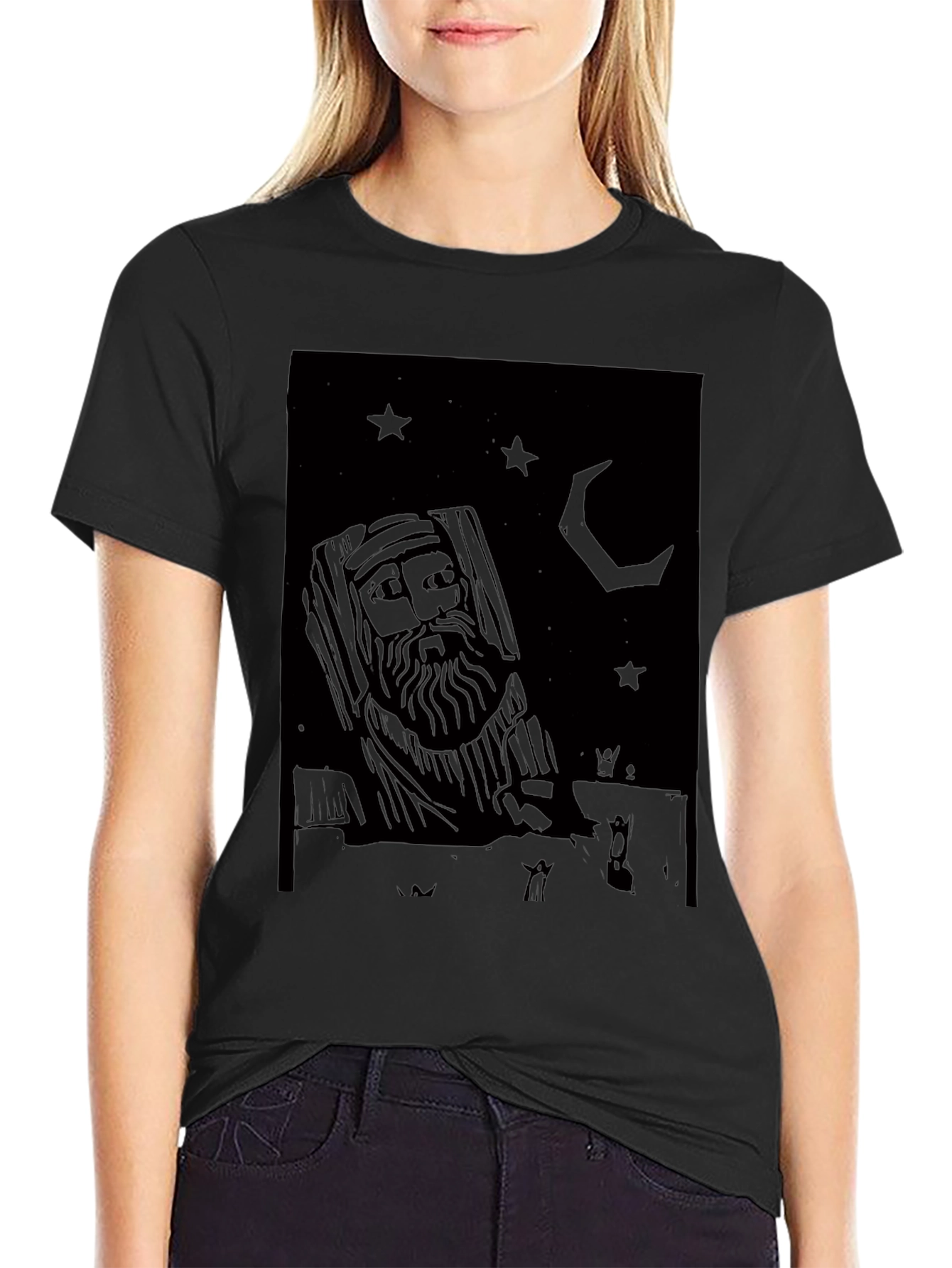 Mystic Black Graphic Tee: Stars Moon and Wise Man