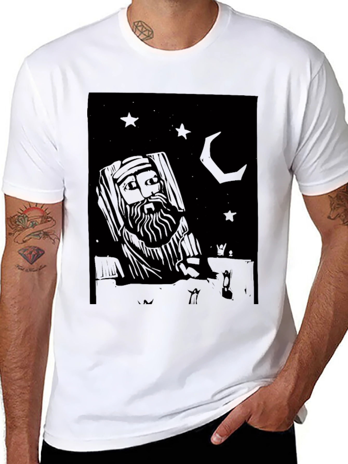 Mystic Black Graphic Tee: Stars Moon and Wise Man