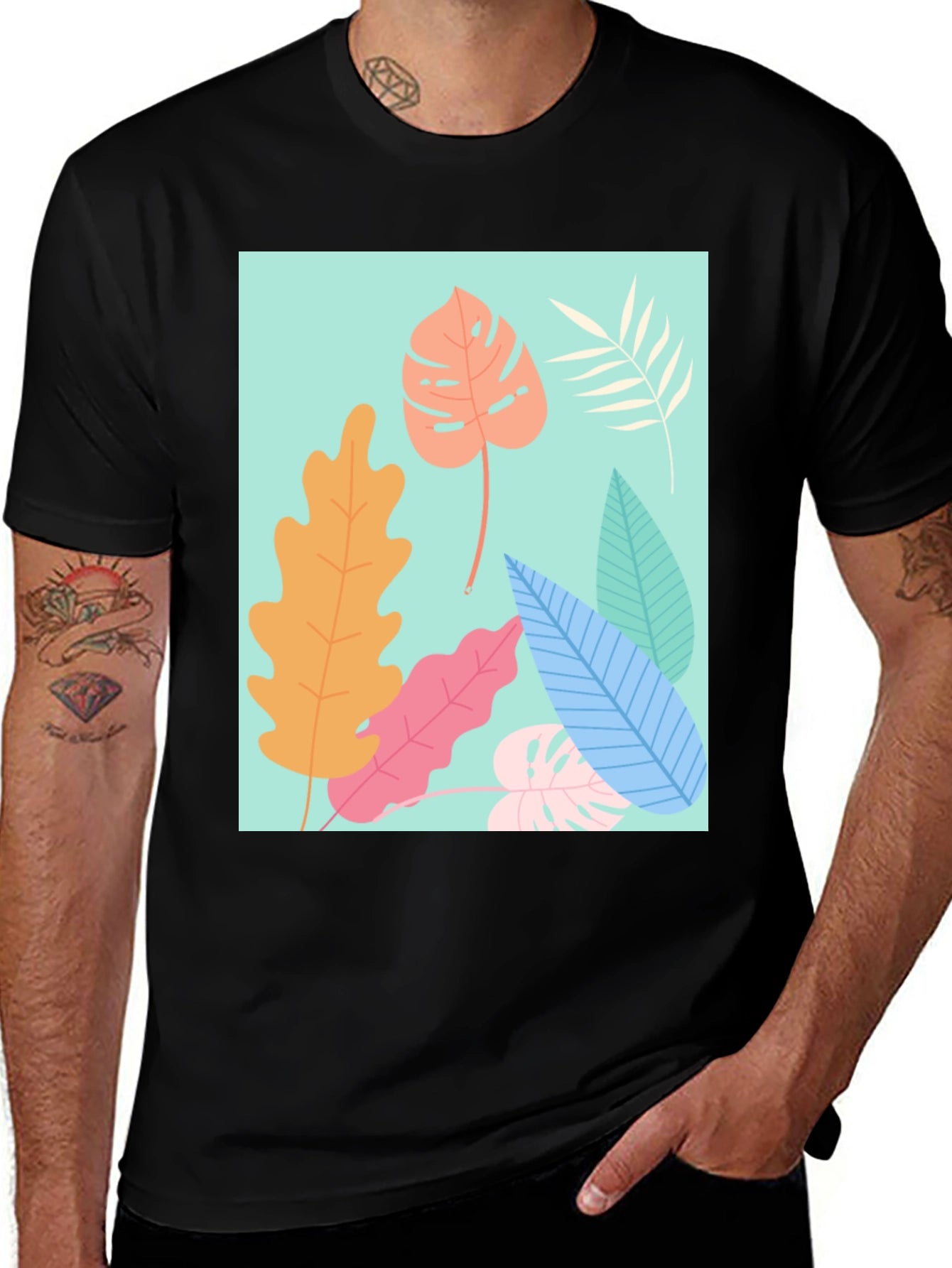 Tropical Leaves Graphic Tee - Black Cotton T-Shirt