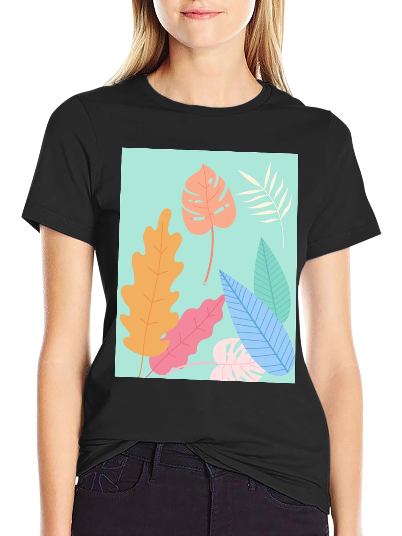 Tropical Leaves Graphic Tee - Black Cotton T-Shirt