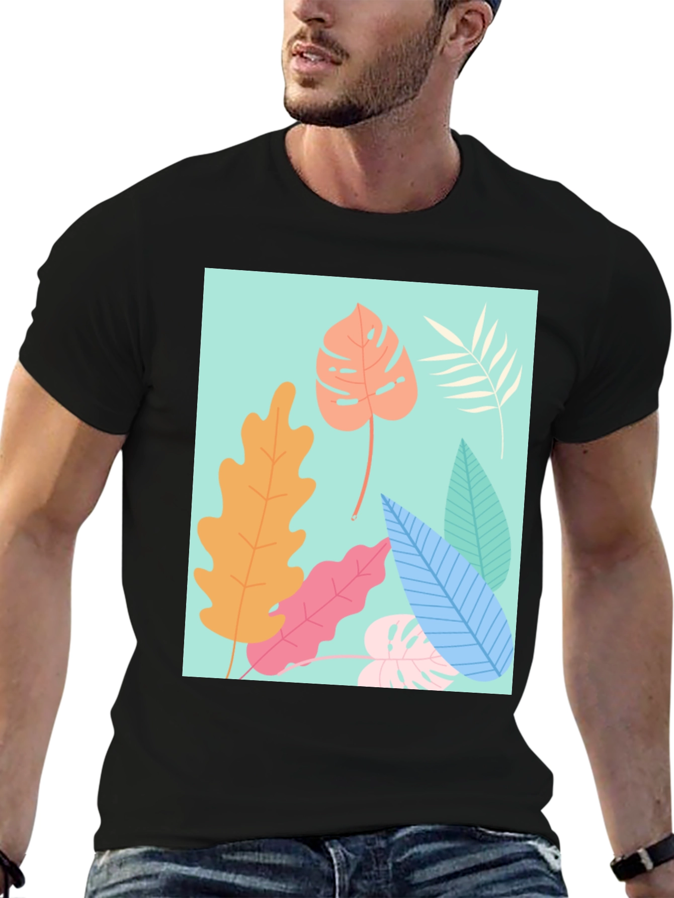 Tropical Leaves Graphic Tee - Black Cotton T-Shirt