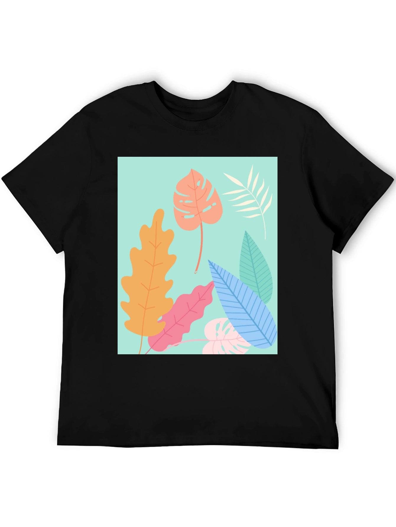 Tropical Leaves Graphic Tee - Black Cotton T-Shirt