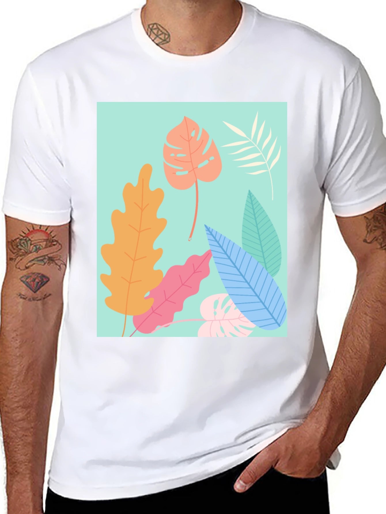 Tropical Leaves Graphic Tee - Black Cotton T-Shirt