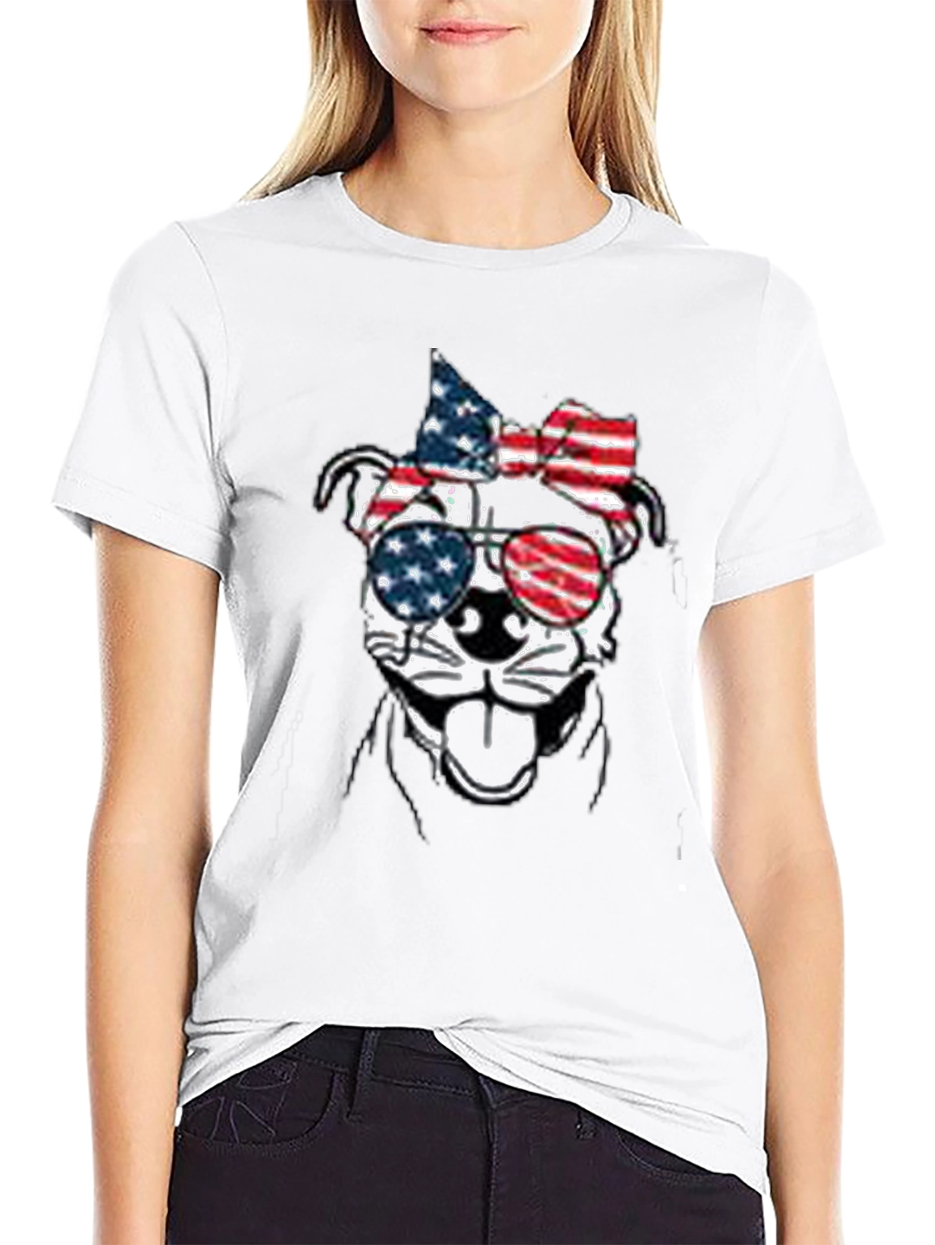 Patriotic Dog T-Shirt - USA Flag Sunglasses & Bow