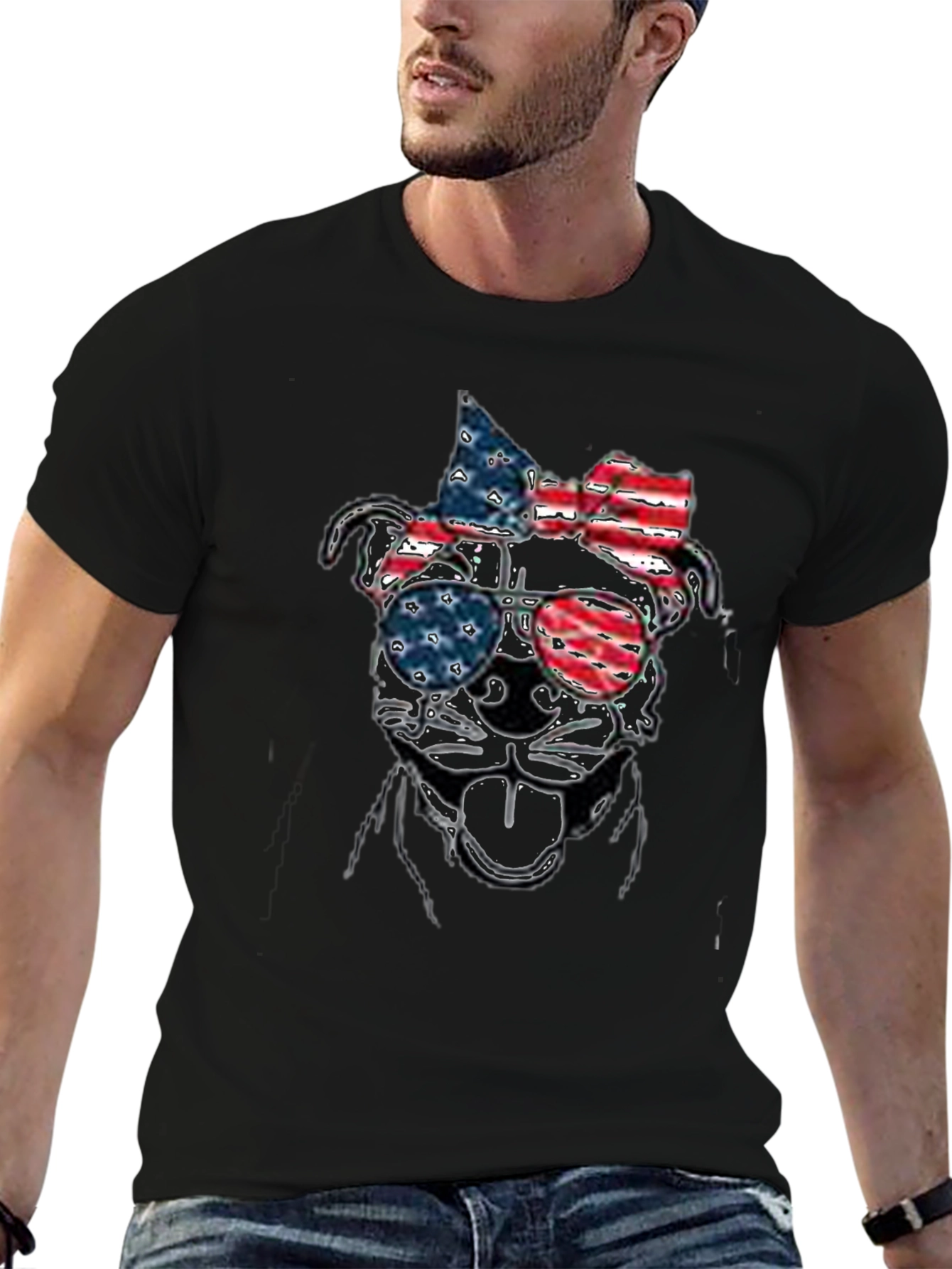 Patriotic Dog T-Shirt - USA Flag Sunglasses & Bow