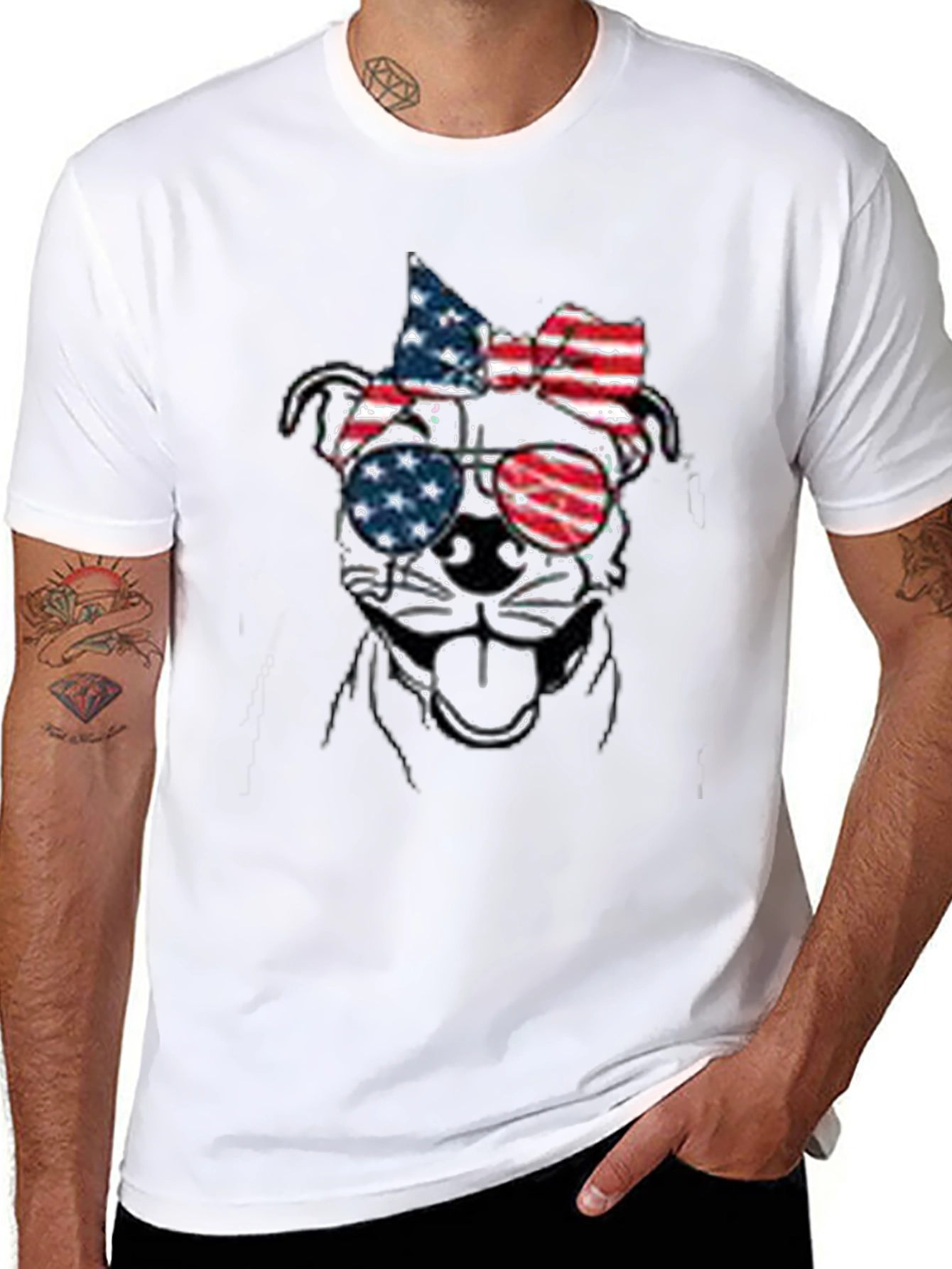 Patriotic Dog T-Shirt - USA Flag Sunglasses & Bow