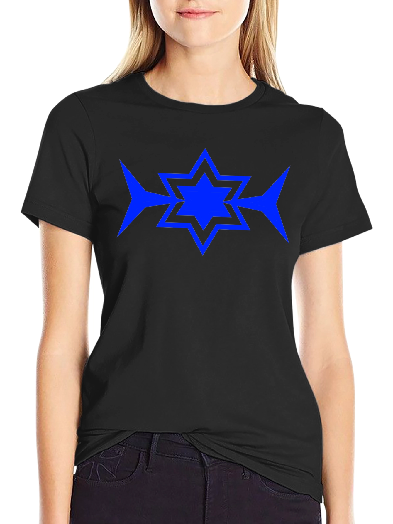 Blue Star Graphic Print Black T-Shirt
