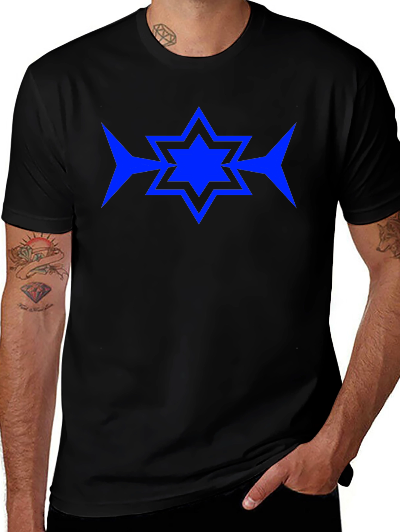Blue Star Graphic Print Black T-Shirt