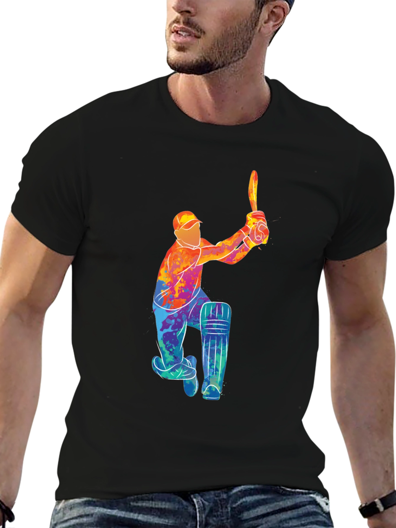 Cricket Player Graphic Black T-Shirt