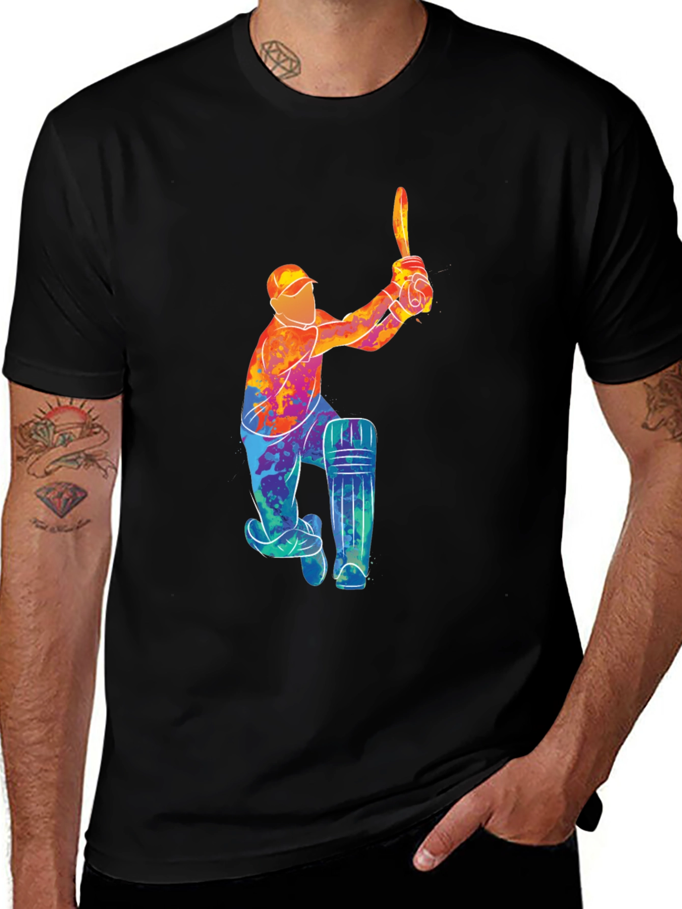Cricket Player Graphic Black T-Shirt