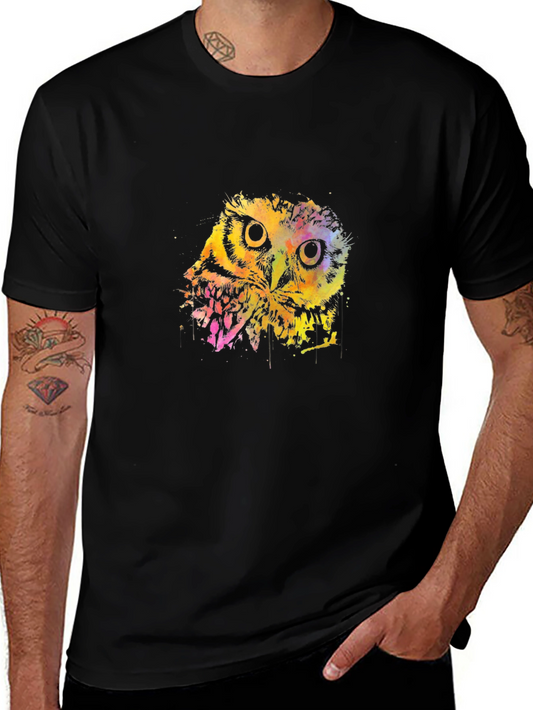 Watercolor Owl Graphic Print Black T-Shirt