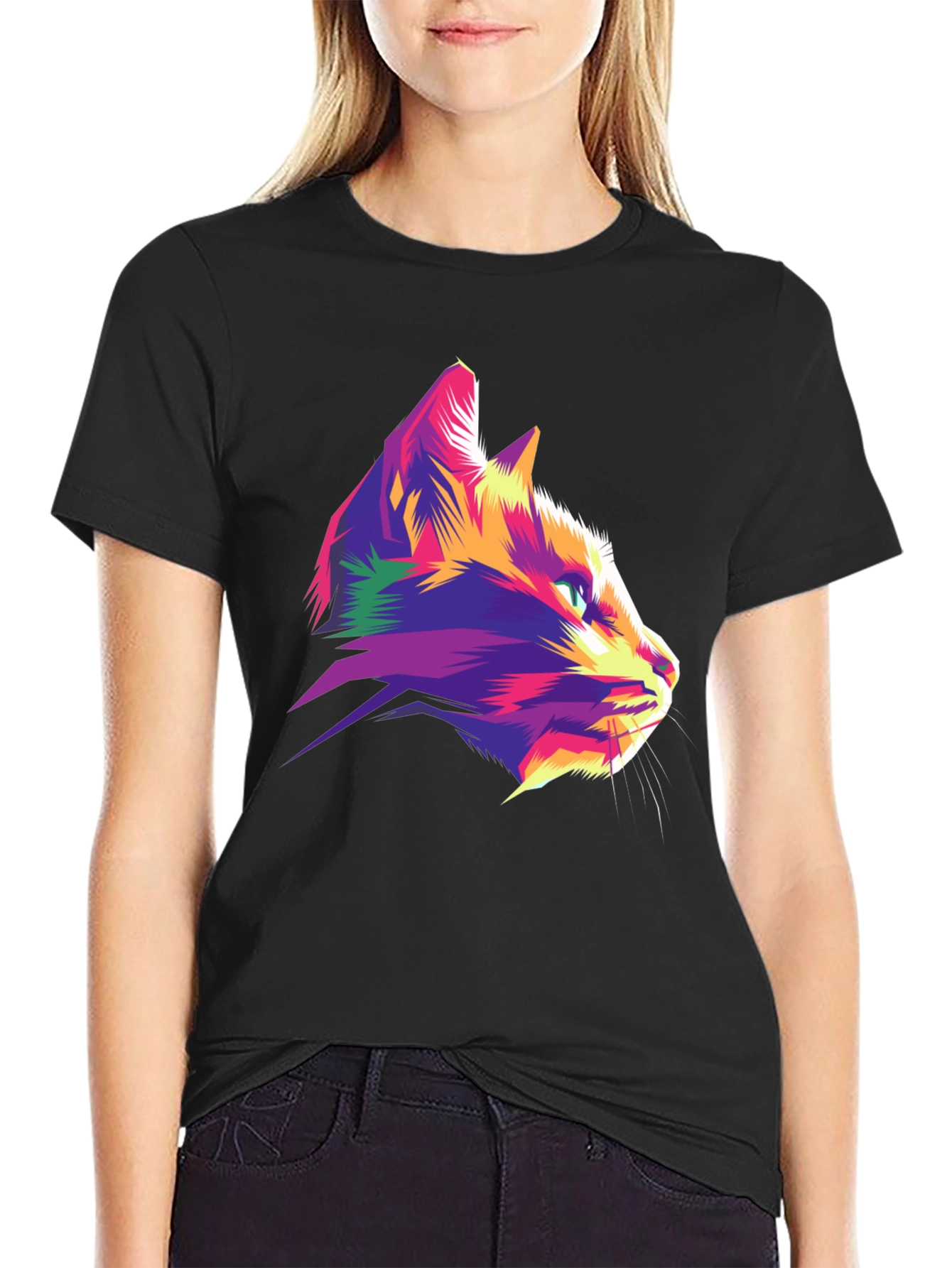 Vibrant Cat Graphic Tee - Stylish Mens Black T-Shirt