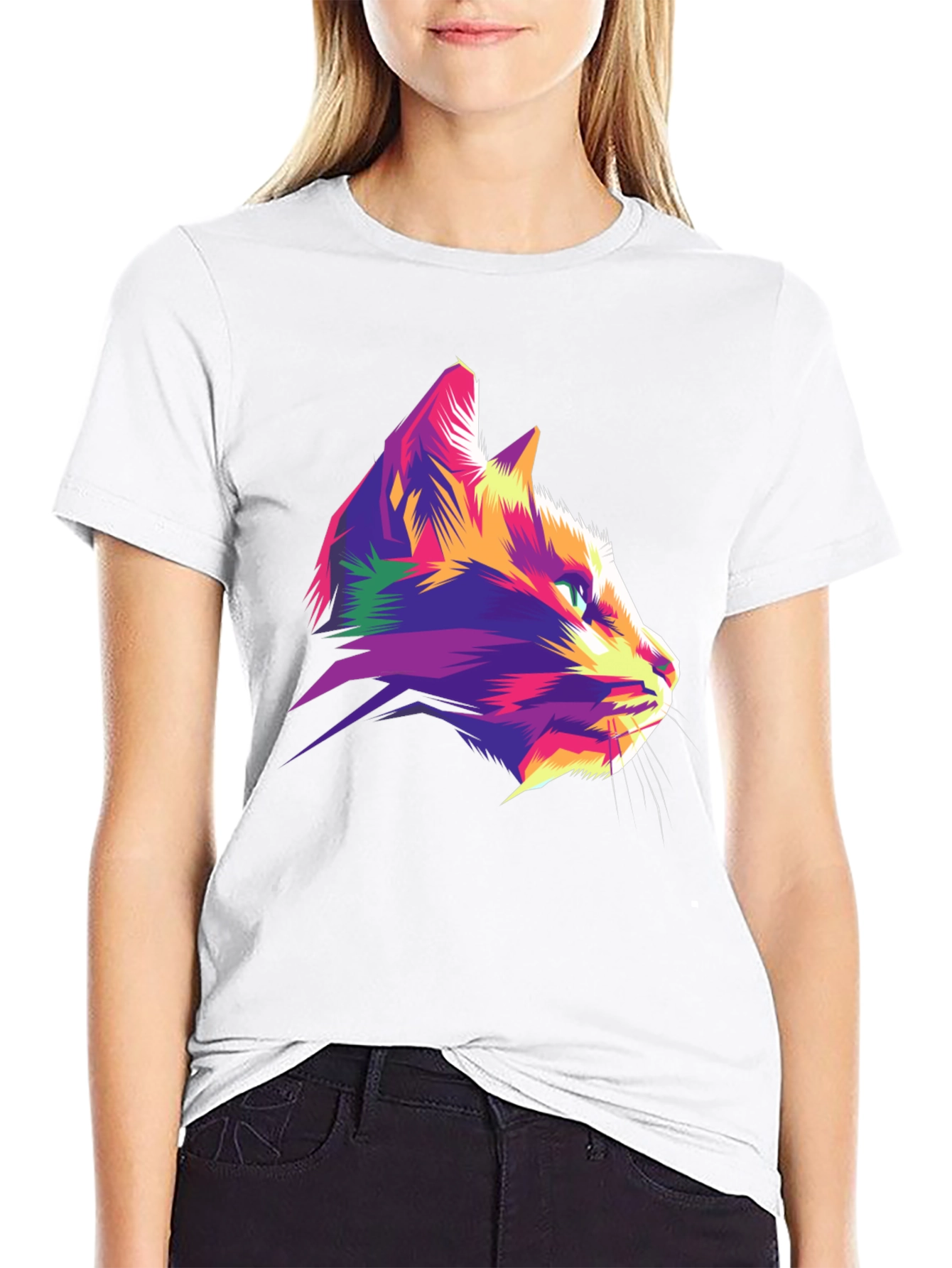Vibrant Cat Graphic Tee - Stylish Mens Black T-Shirt
