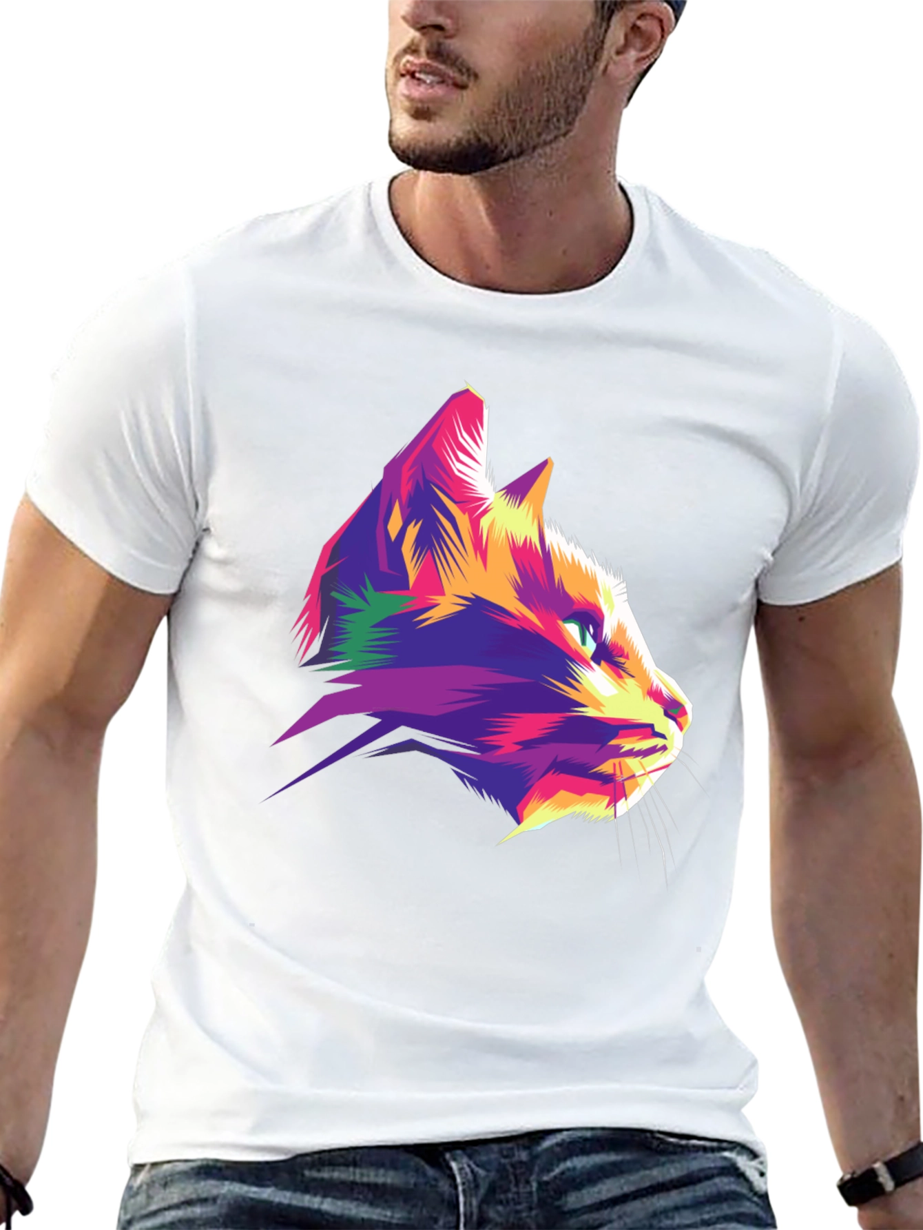 Vibrant Cat Graphic Tee - Stylish Mens Black T-Shirt