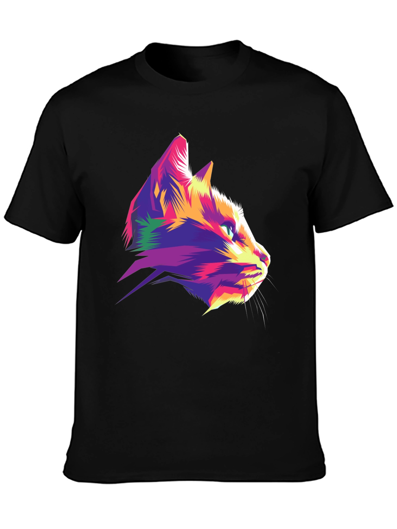 Vibrant Cat Graphic Tee - Stylish Mens Black T-Shirt