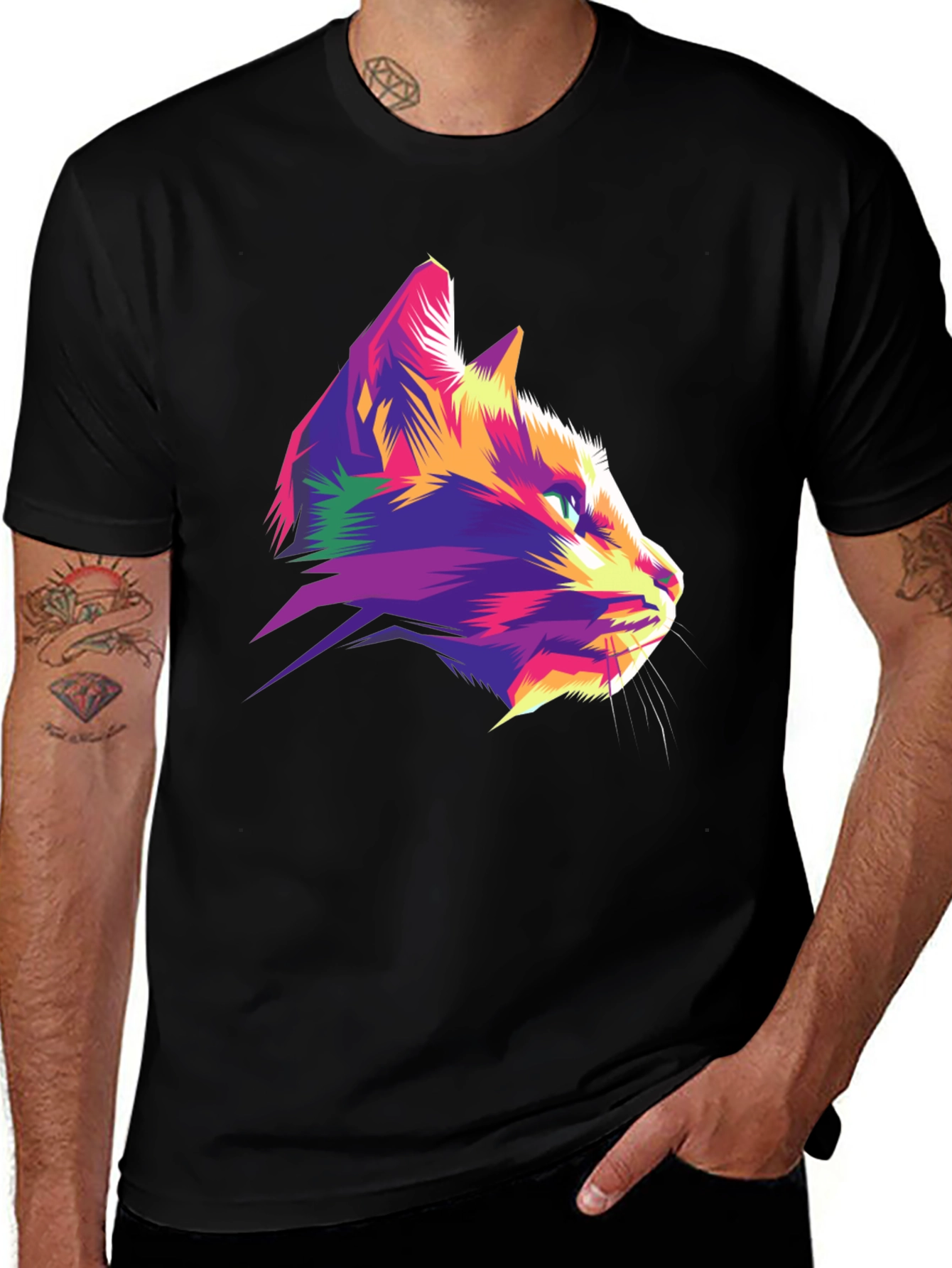 Vibrant Cat Graphic Tee - Stylish Mens Black T-Shirt