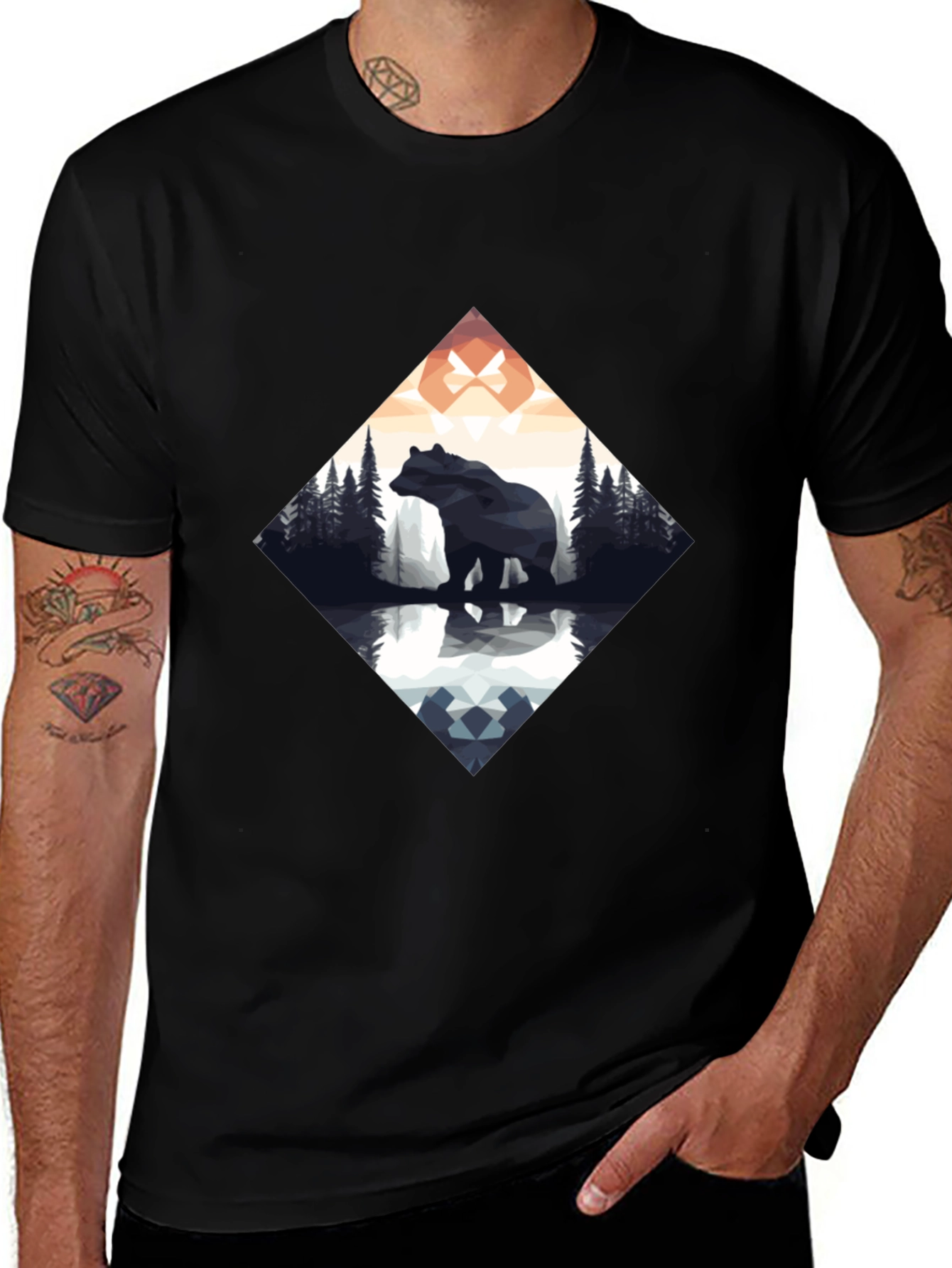 Geometric Bear Graphic Tee - Mens Black T-Shirt