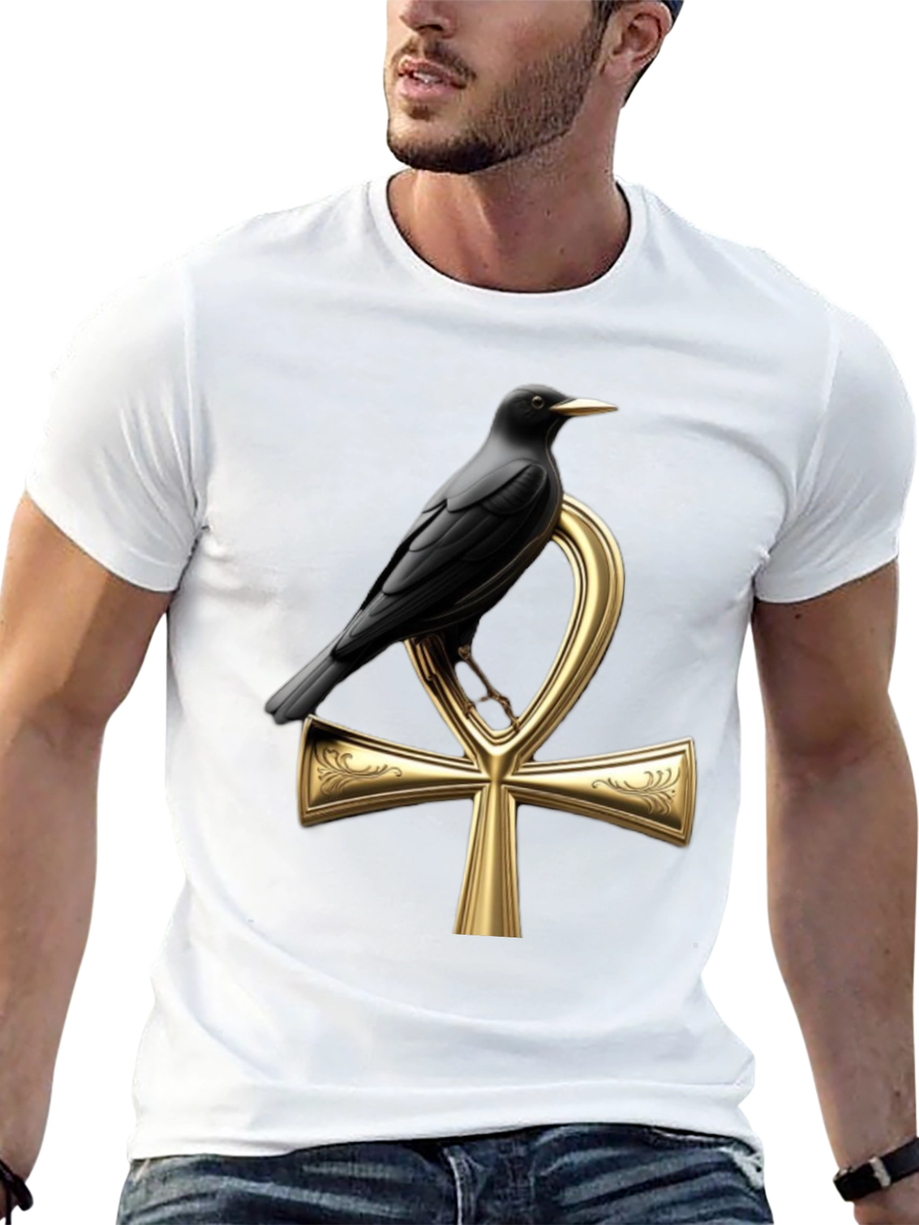 Raven on Ankh T-Shirt - Gothic Egyptian Style