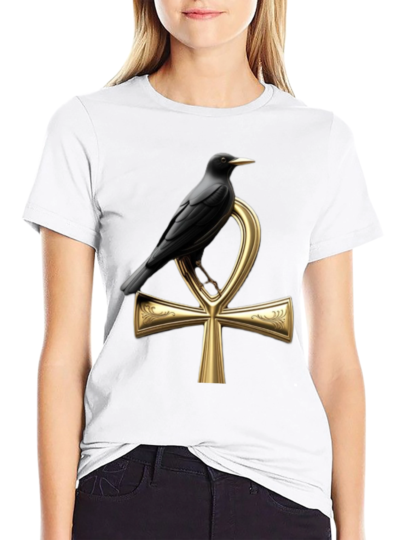 Raven on Ankh T-Shirt - Gothic Egyptian Style