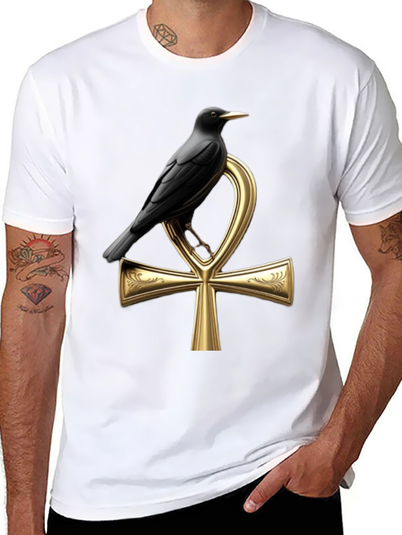 Raven on Ankh T-Shirt - Gothic Egyptian Style