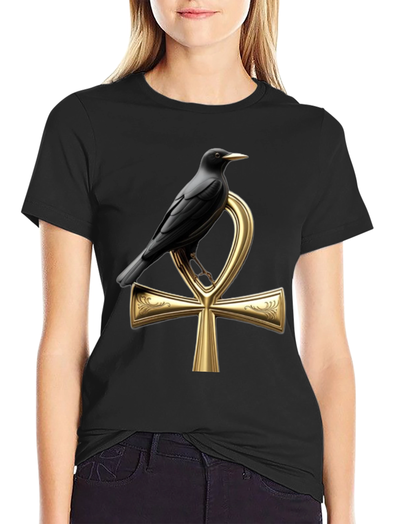 Raven on Ankh T-Shirt - Gothic Egyptian Style