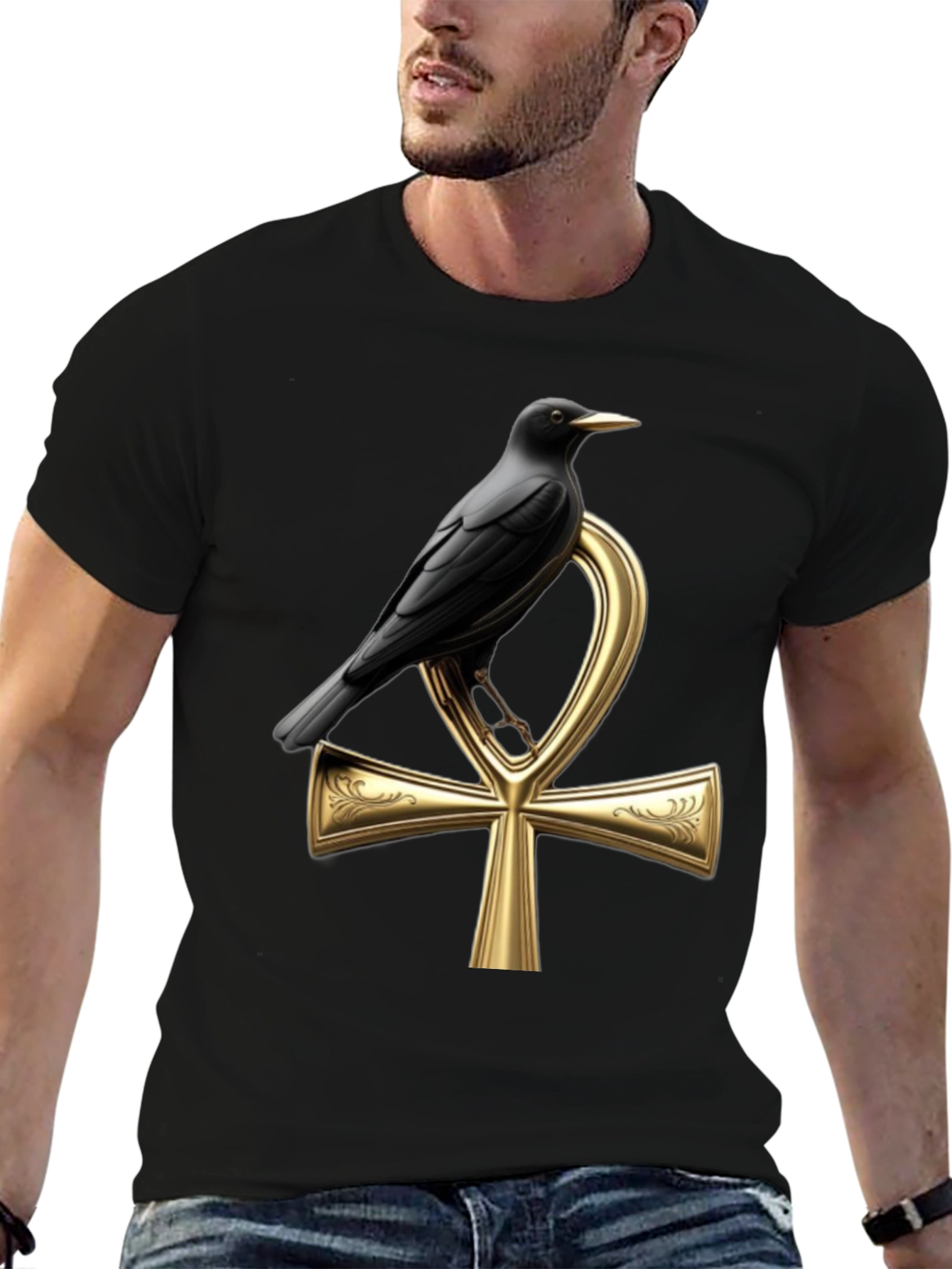 Raven on Ankh T-Shirt - Gothic Egyptian Style