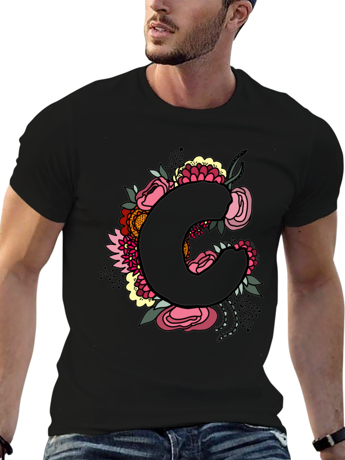 Floral Initial C Black T-Shirt
