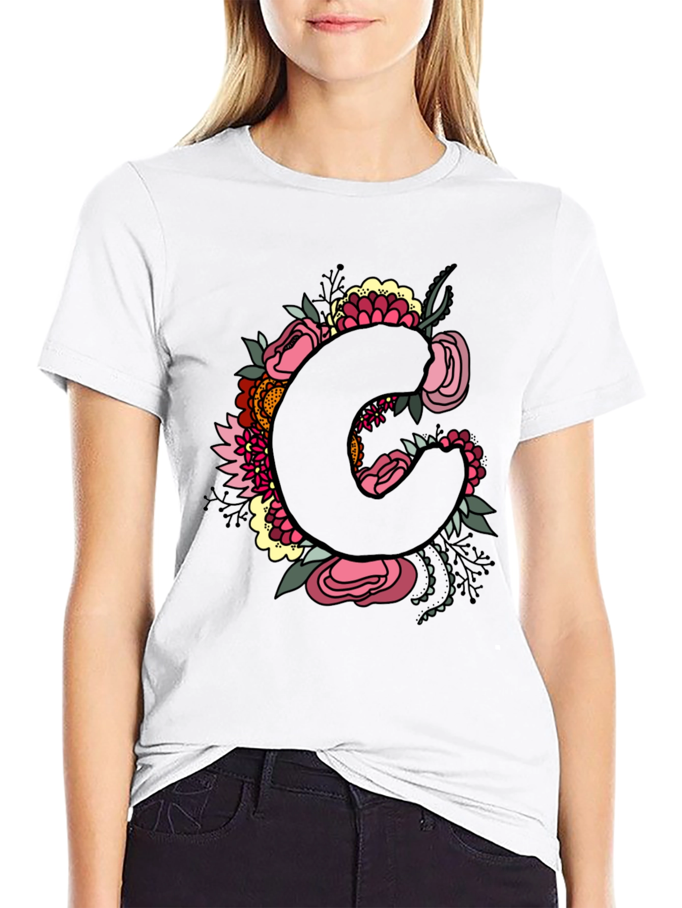 Floral Initial C Black T-Shirt