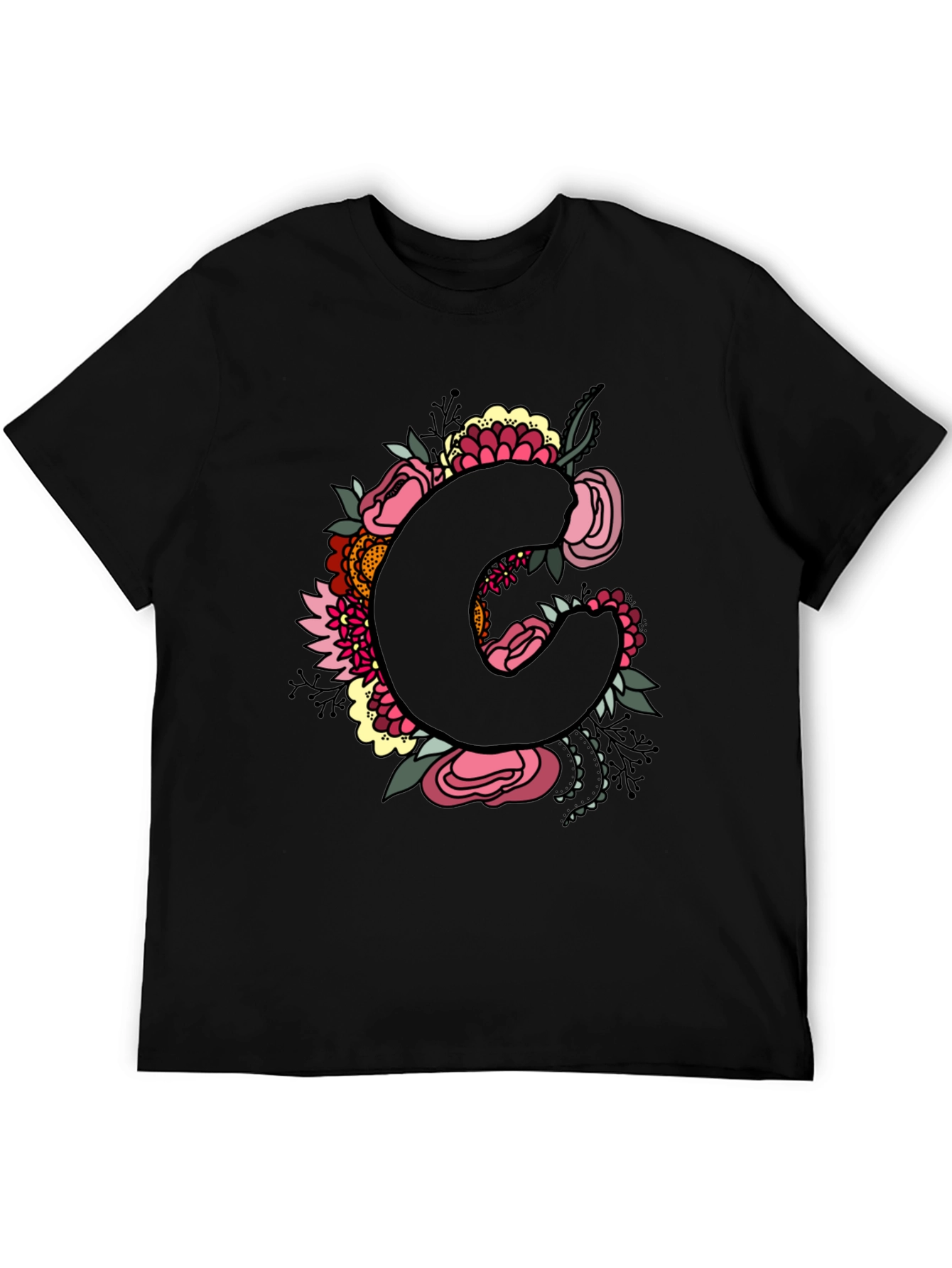 Floral Initial C Black T-Shirt