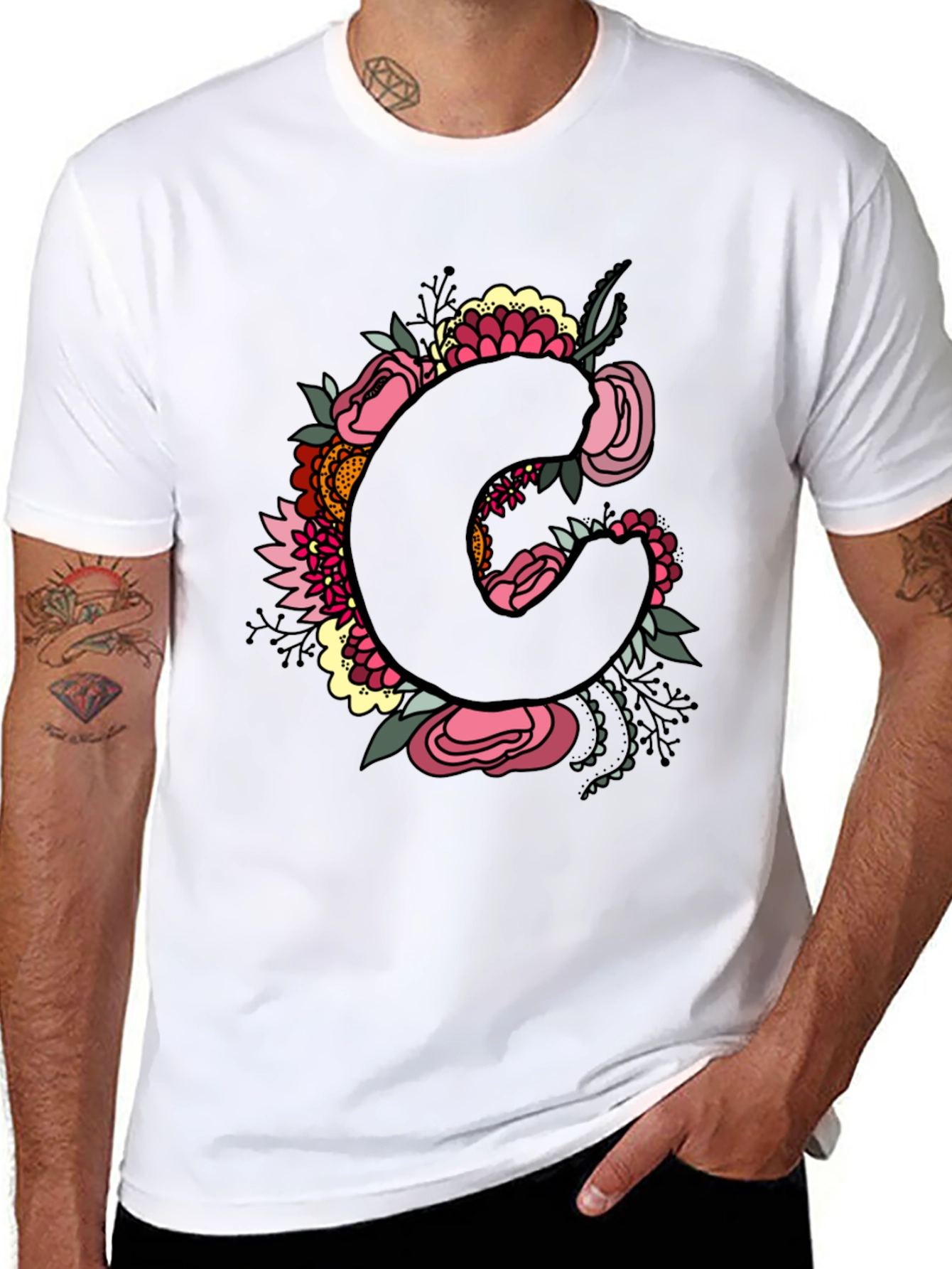 Floral Initial C Black T-Shirt