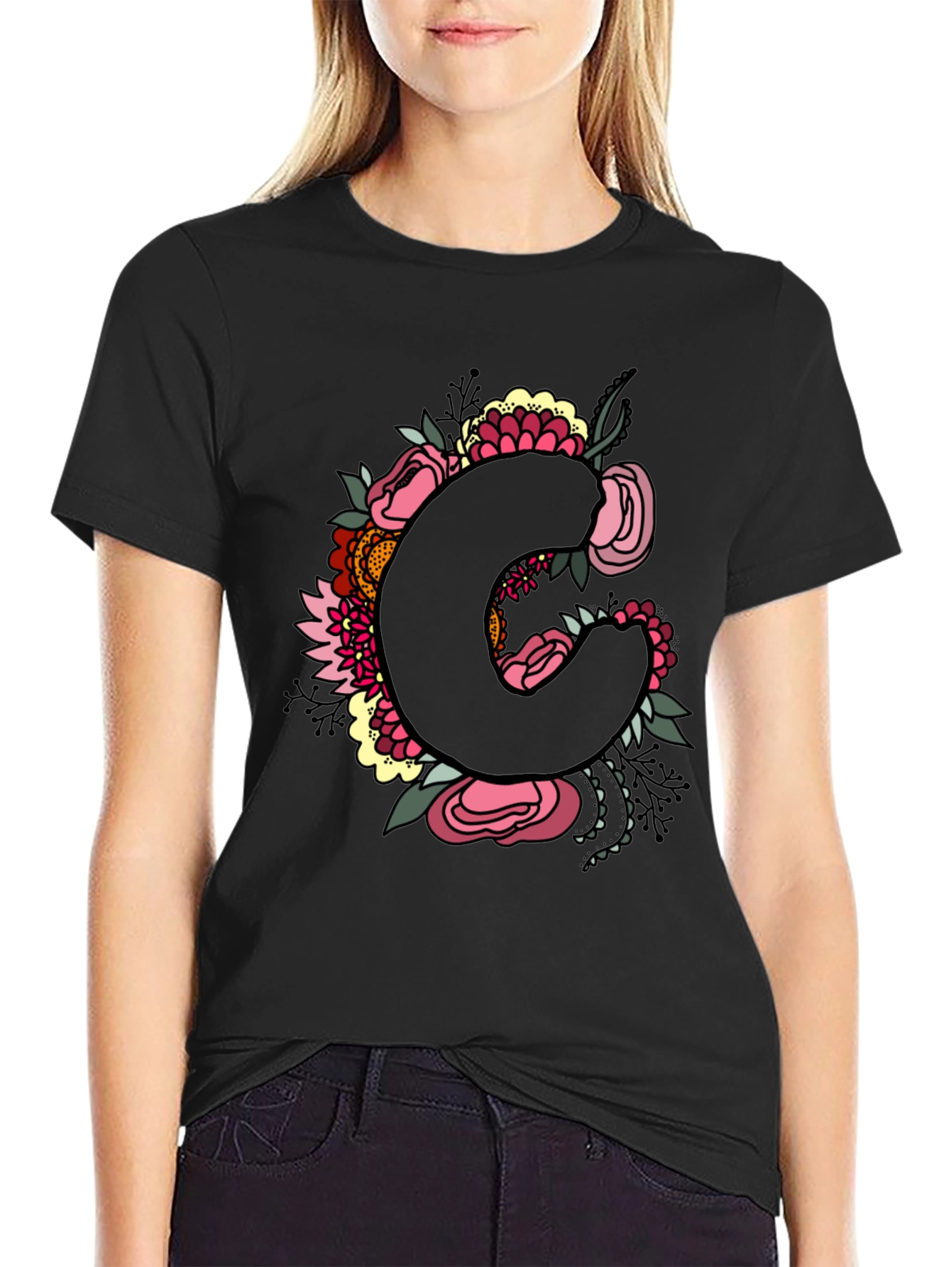 Floral Initial C Black T-Shirt