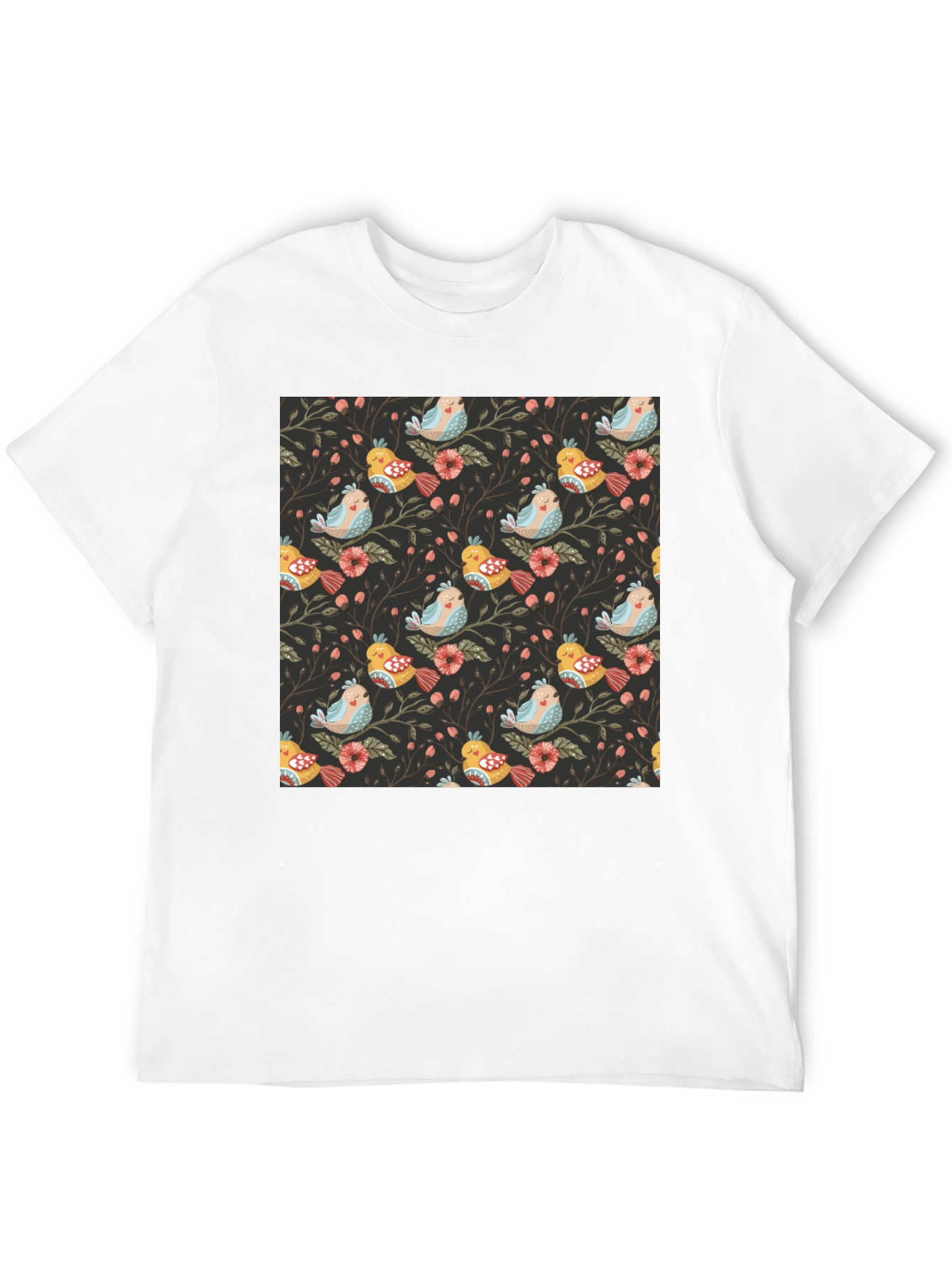 Bird & Floral Print Black Crew Neck Tee