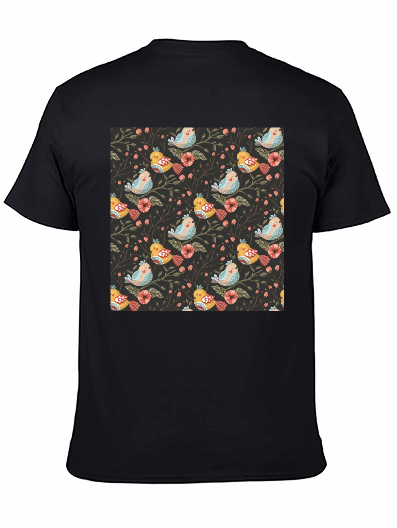Bird & Floral Print Black Crew Neck Tee