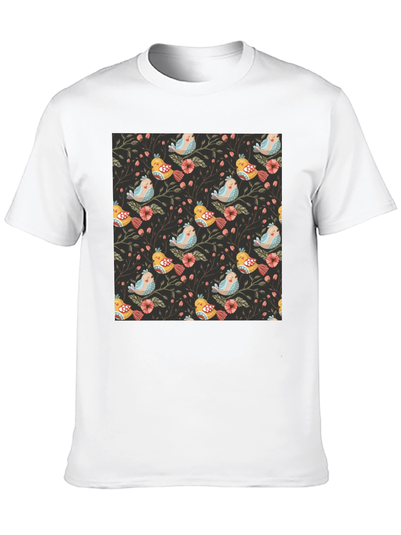 Bird & Floral Print Black Crew Neck Tee