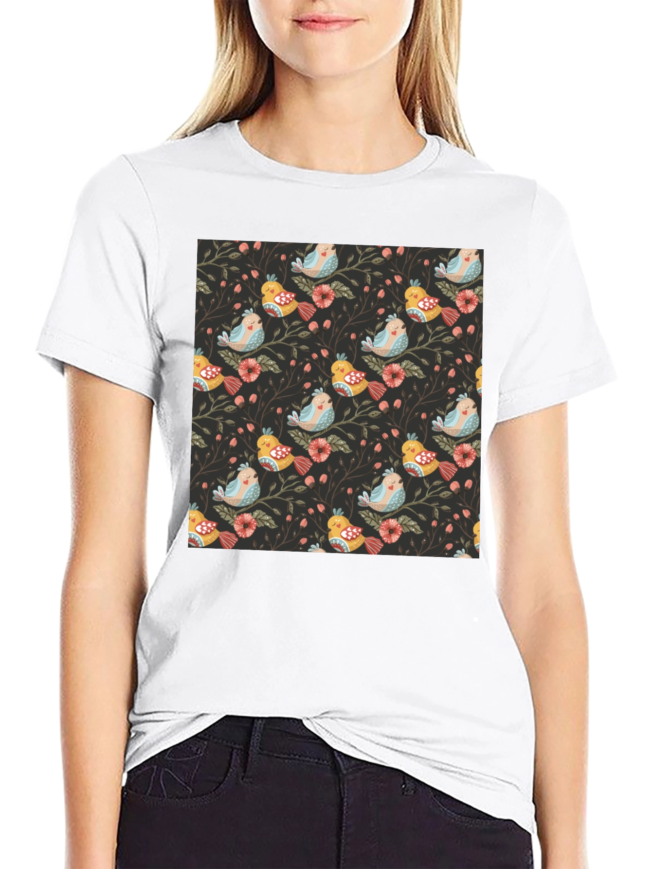 Bird & Floral Print Black Crew Neck Tee