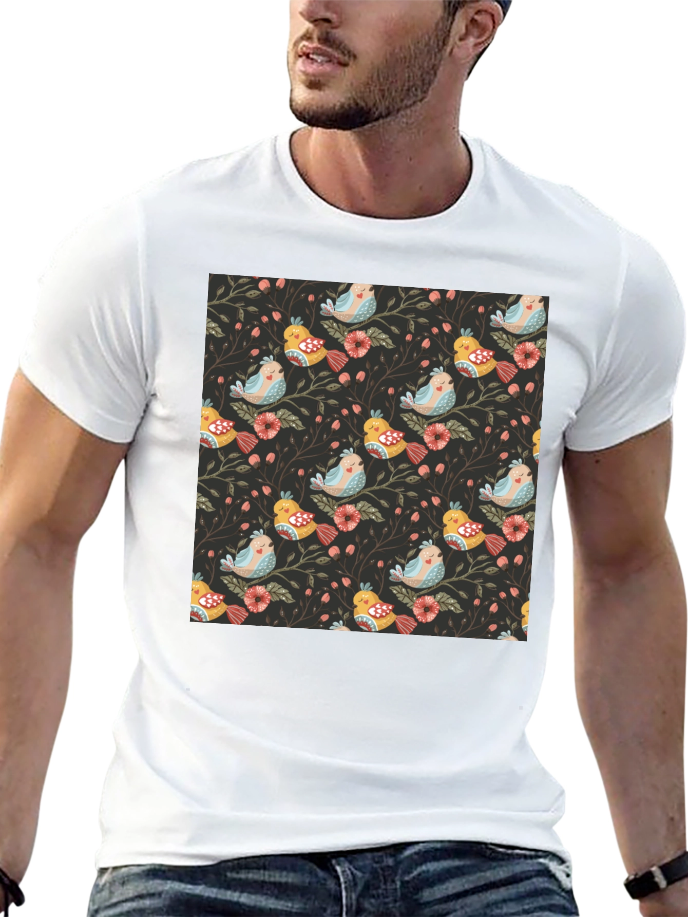 Bird & Floral Print Black Crew Neck Tee