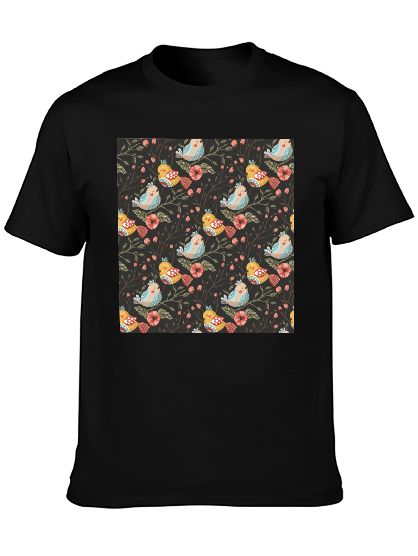 Bird & Floral Print Black Crew Neck Tee