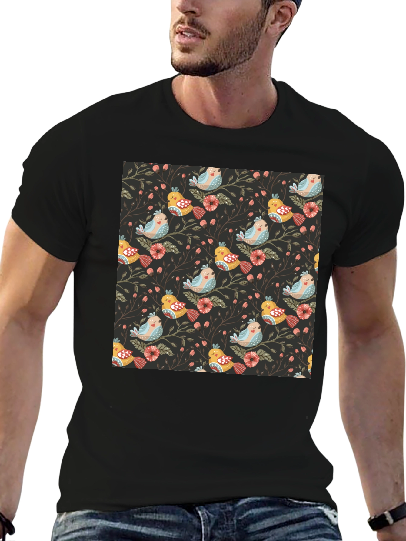 Bird & Floral Print Black Crew Neck Tee