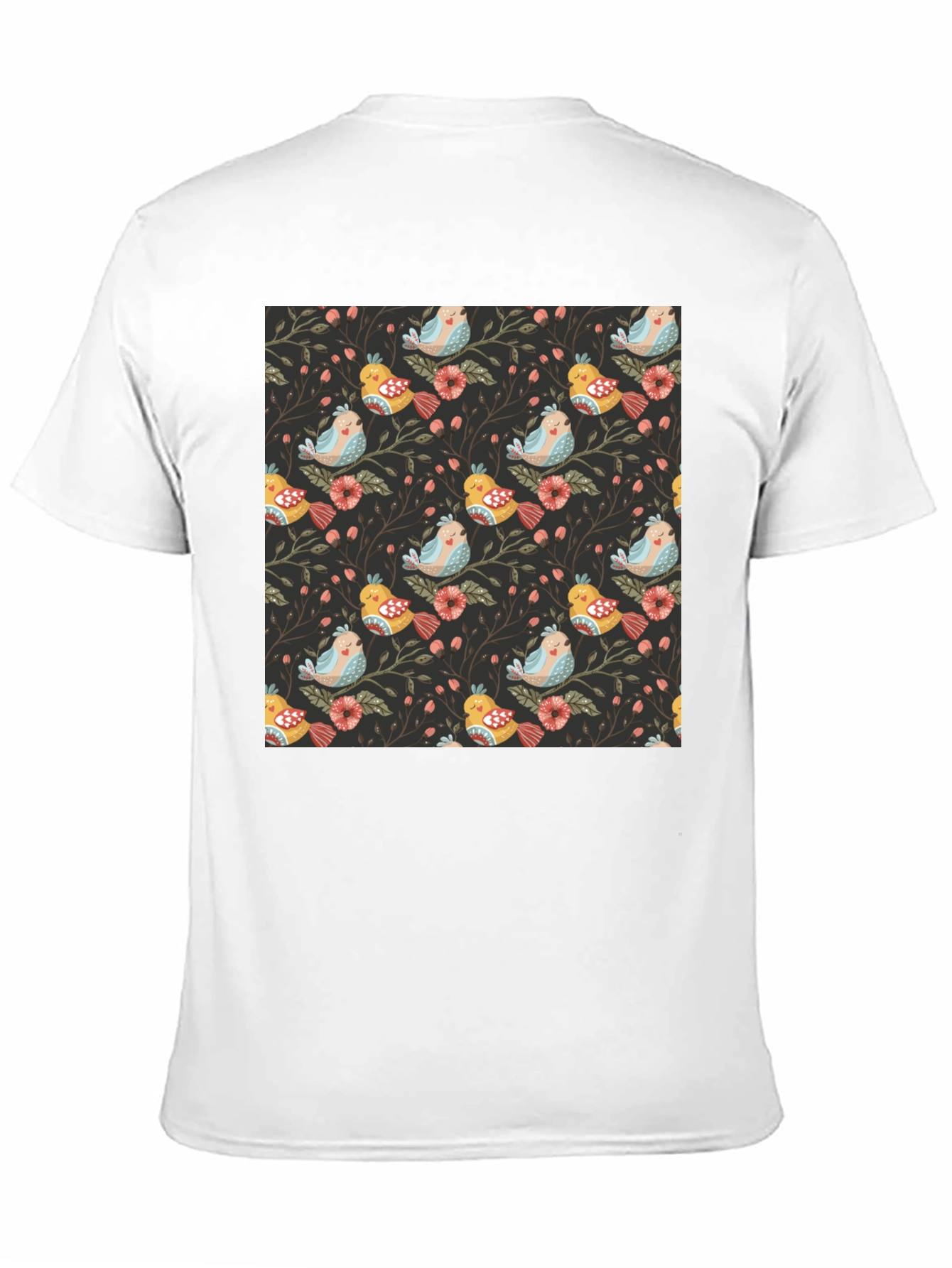 Bird & Floral Print Black Crew Neck Tee