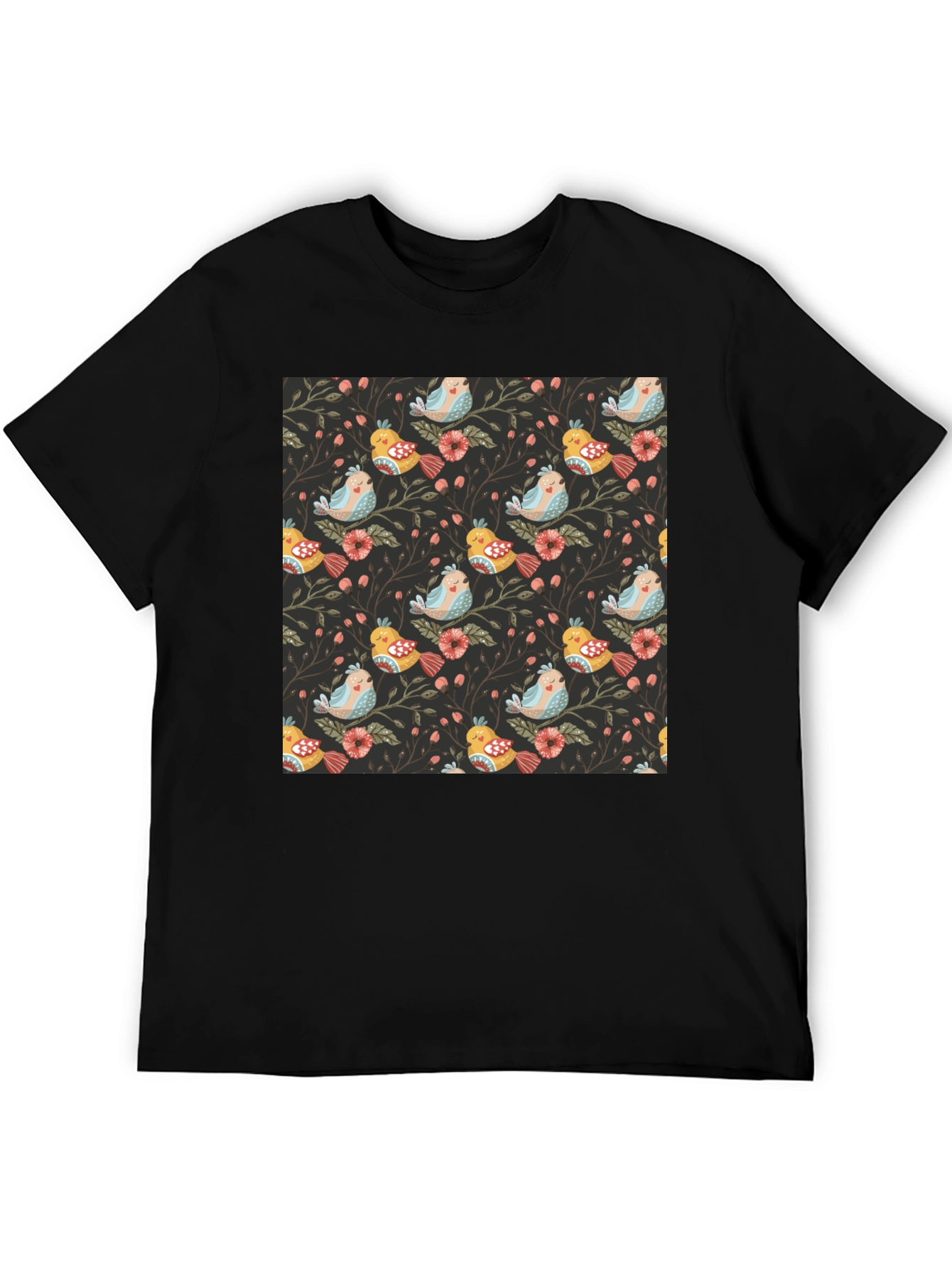 Bird & Floral Print Black Crew Neck Tee