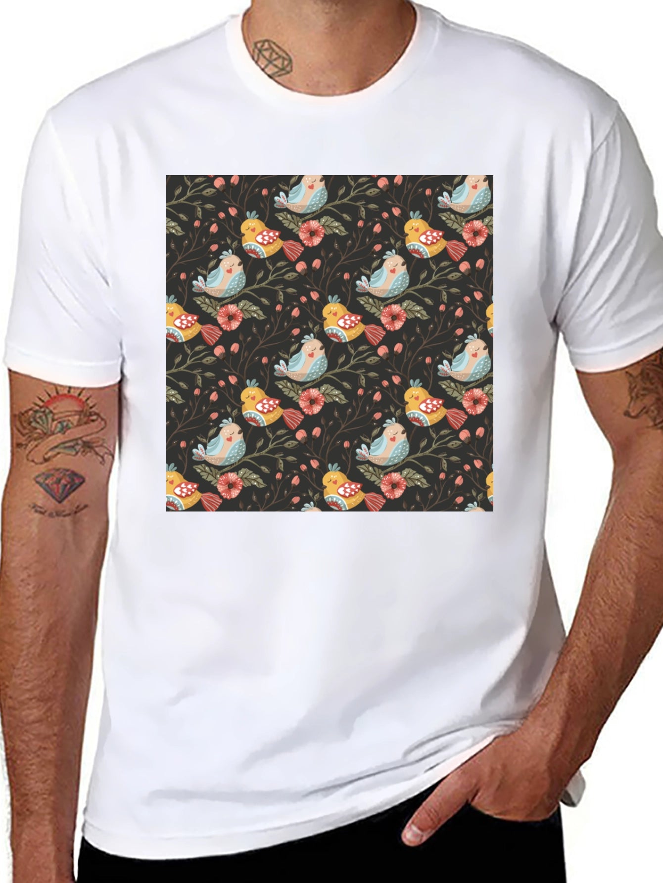 Bird & Floral Print Black Crew Neck Tee