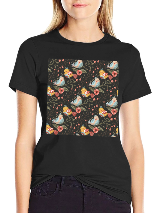 Bird & Floral Print Black Crew Neck Tee