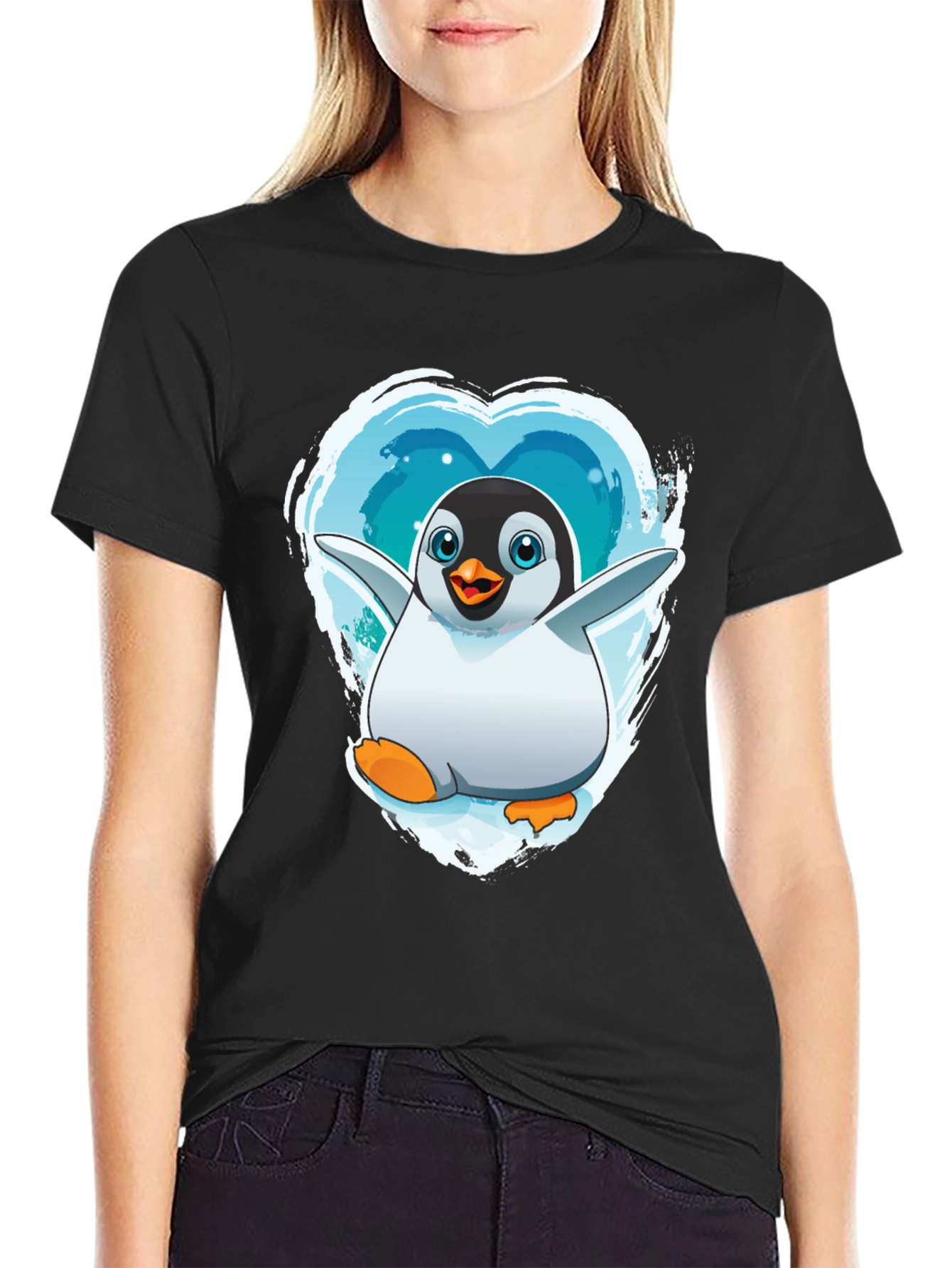 Penguin Heart Graphic Tee - Black Cotton Blend