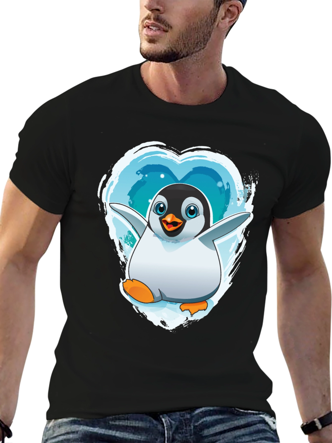 Penguin Heart Graphic Tee - Black Cotton Blend