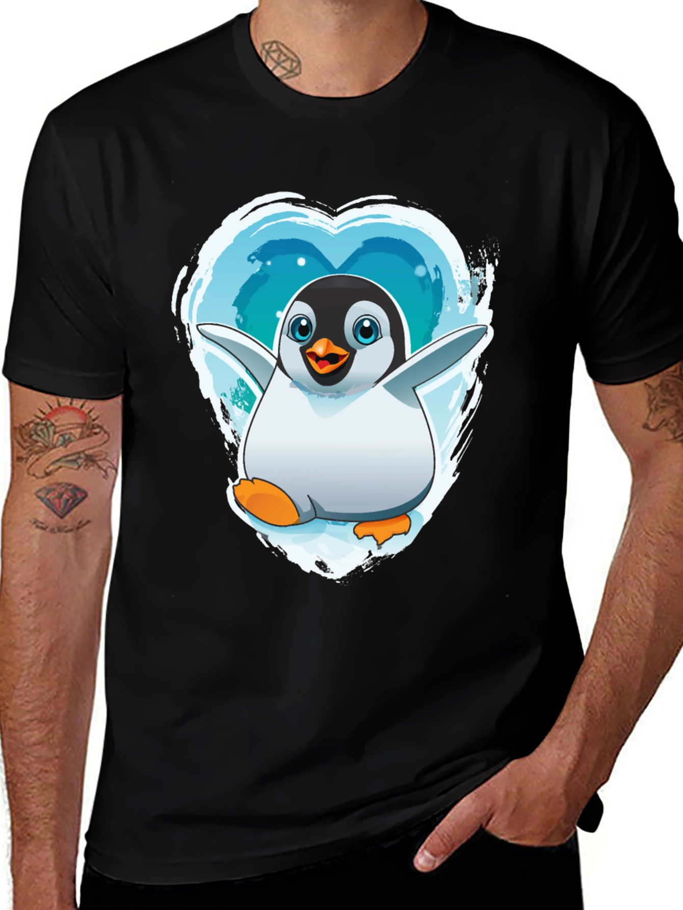 Penguin Heart Graphic Tee - Black Cotton Blend